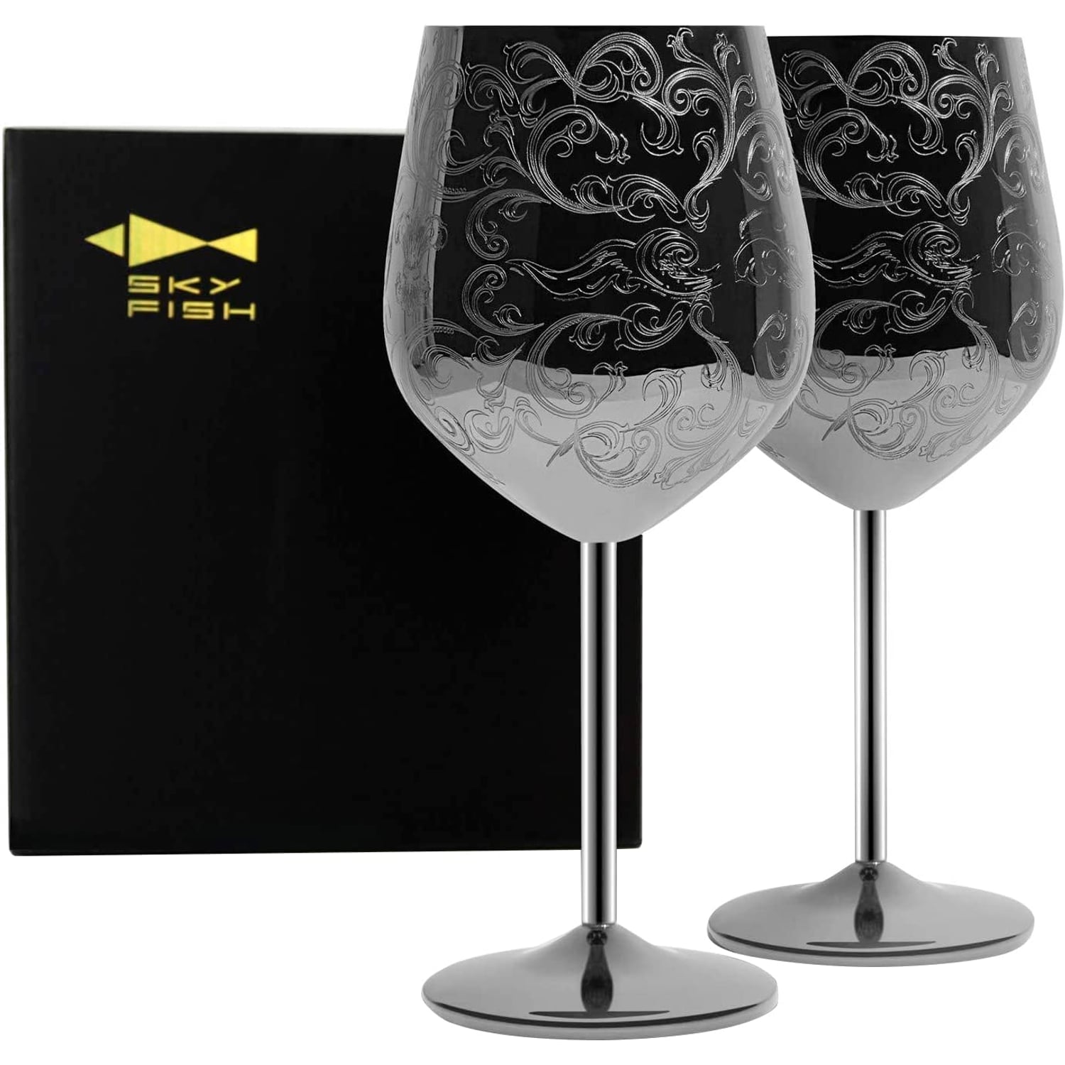 Baroque Engraved Stainless Steel Wine Goblets (Set of 2), an engraved gift from Engraved Gifts Company