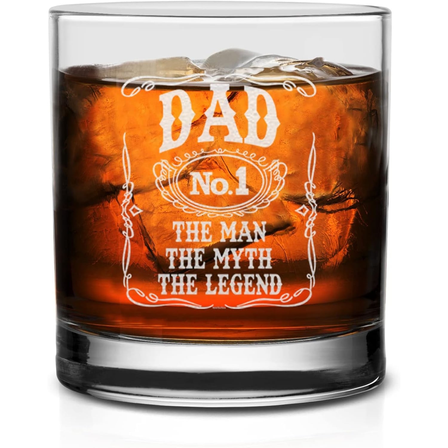 Dad No. 1 The Man The Myth The Legend Engraved Whiskey Glass, detail view