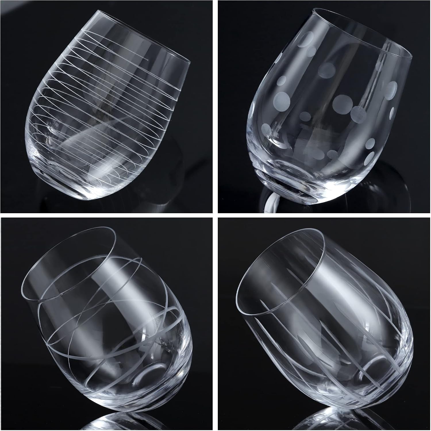 Etched Stemless Wine Glasses, Set of 4