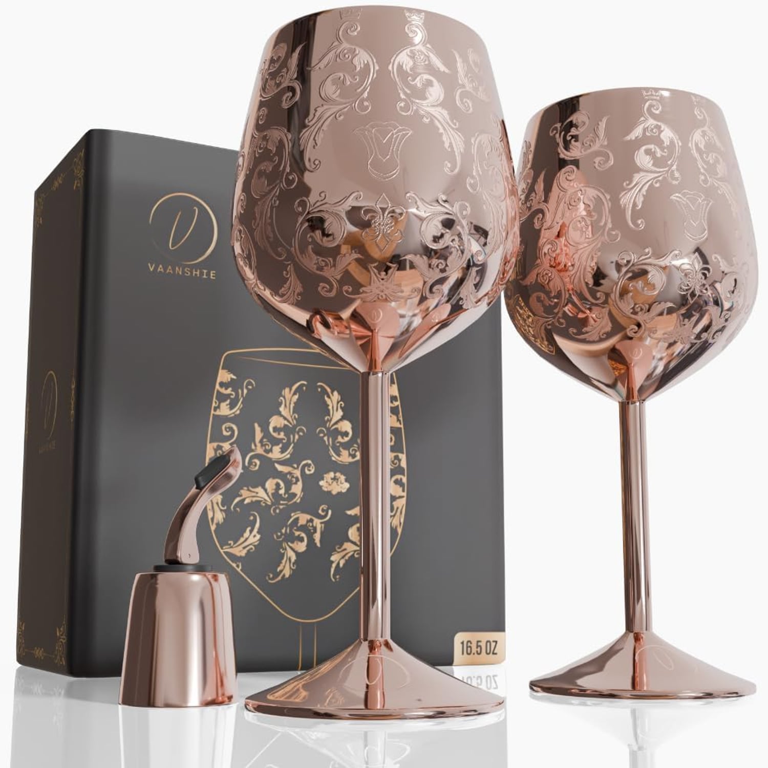 Rose Gold Engraved Stainless Steel Wine Goblets, Set of 2 with Bottle Stopper