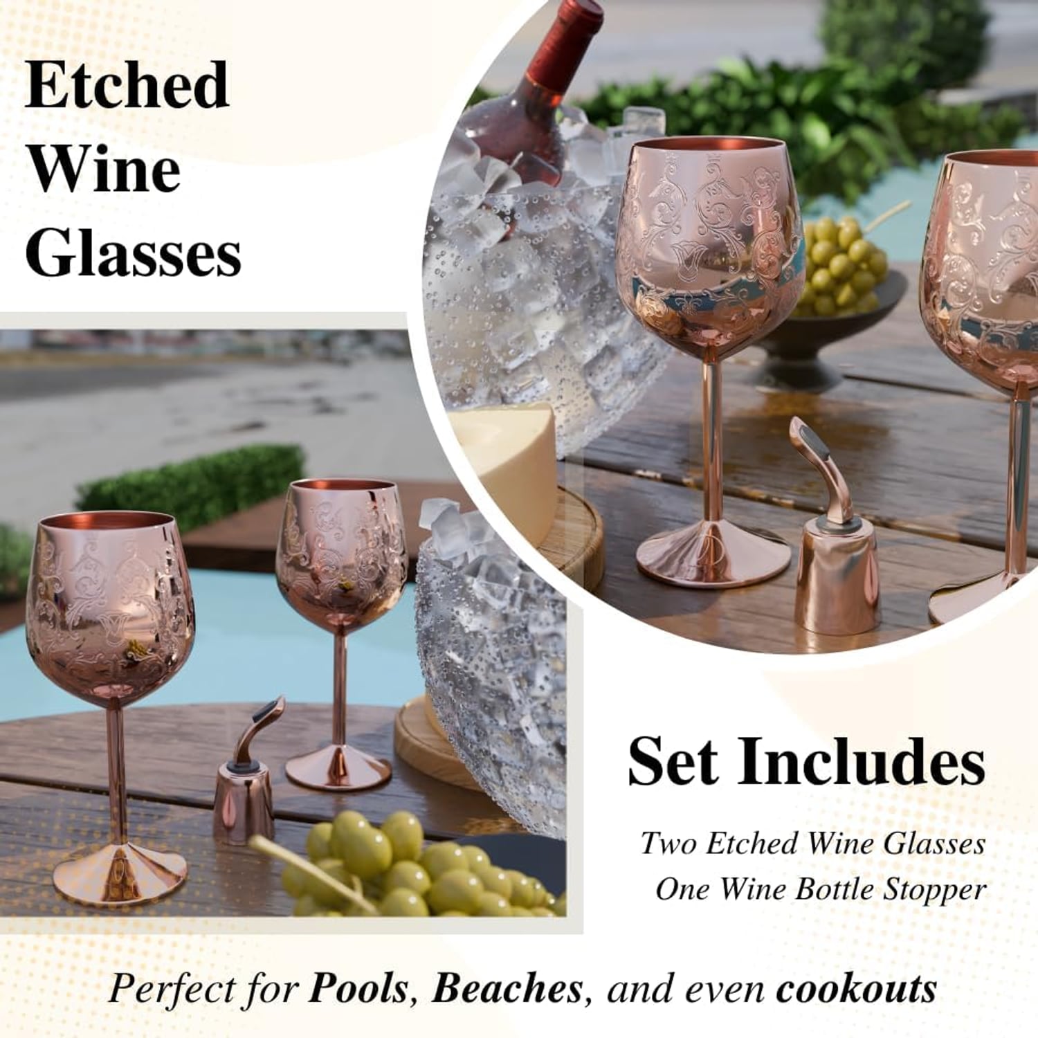 Rose Gold Engraved Stainless Steel Wine Goblets, Set of 2 with Bottle Stopper: image 3