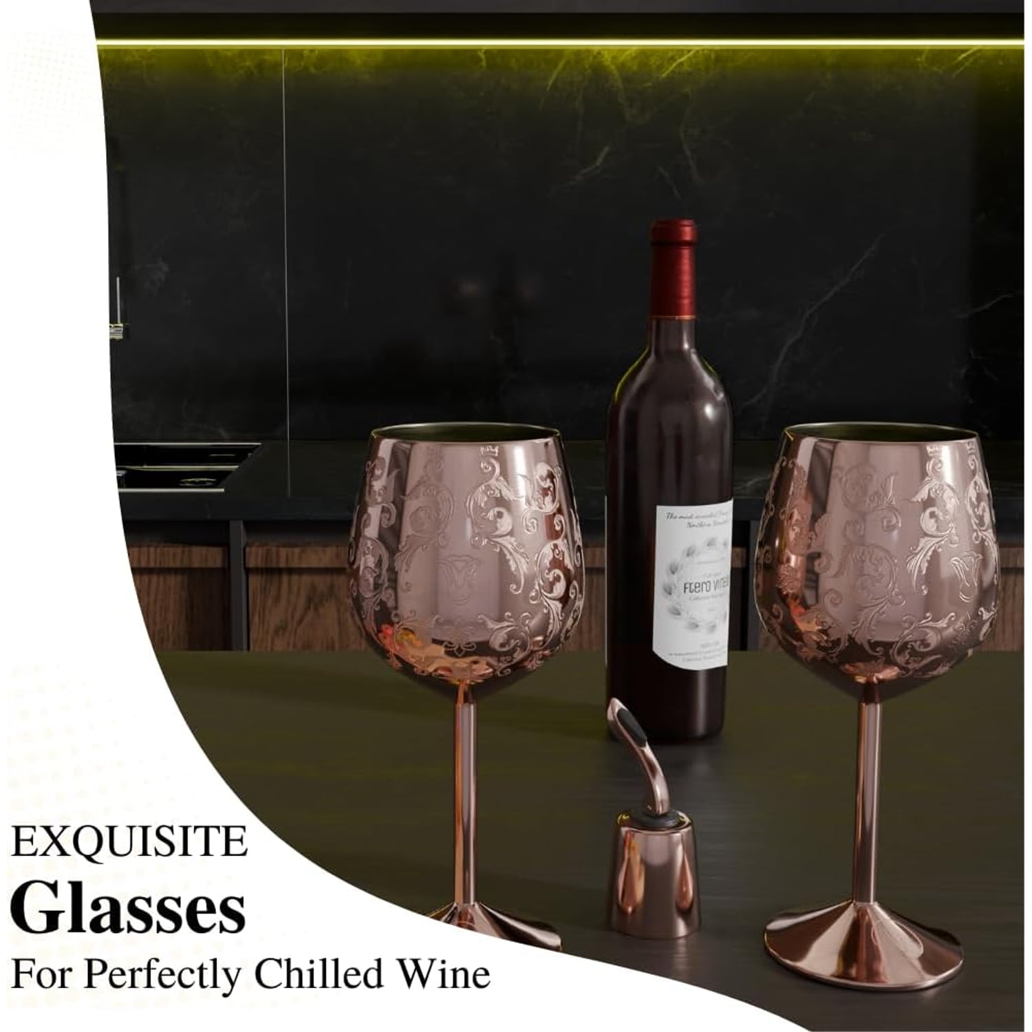 Rose Gold Engraved Stainless Steel Wine Goblets, Set of 2 with Bottle Stopper: image 4