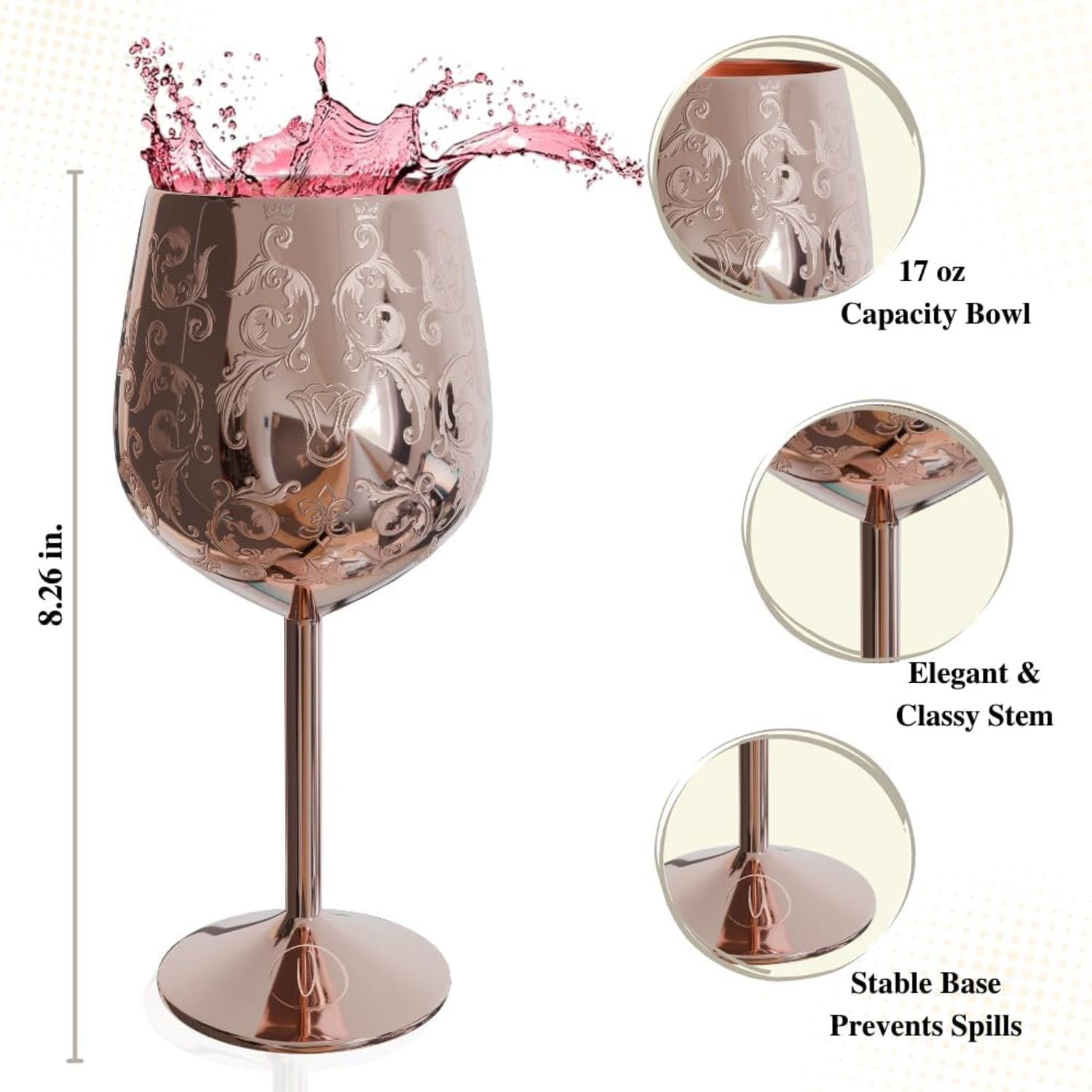 Rose Gold Engraved Stainless Steel Wine Goblets, Set of 2 with Bottle Stopper: image 5
