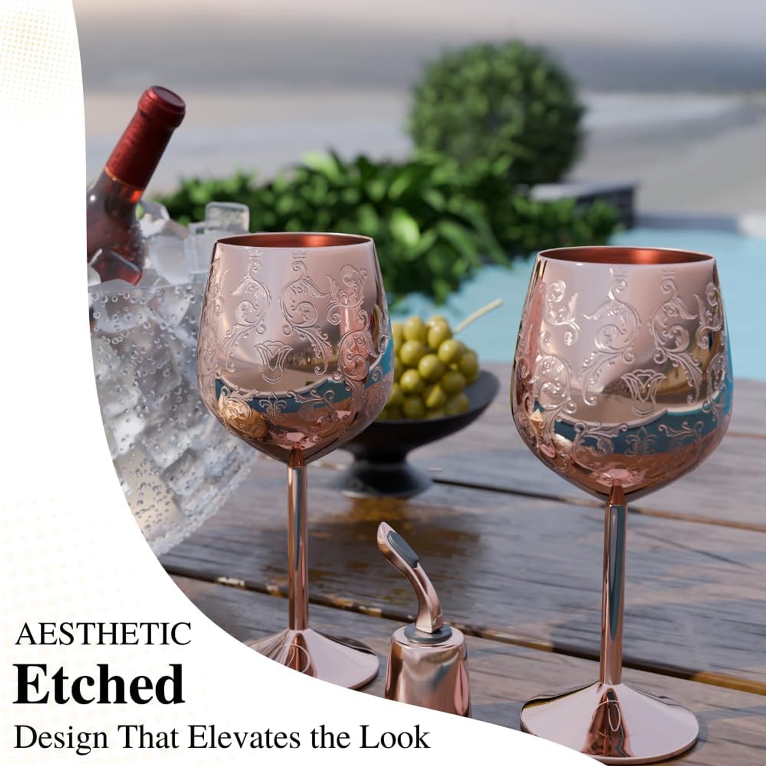 Rose Gold Engraved Stainless Steel Wine Goblets, Set of 2 with Bottle Stopper: image 6