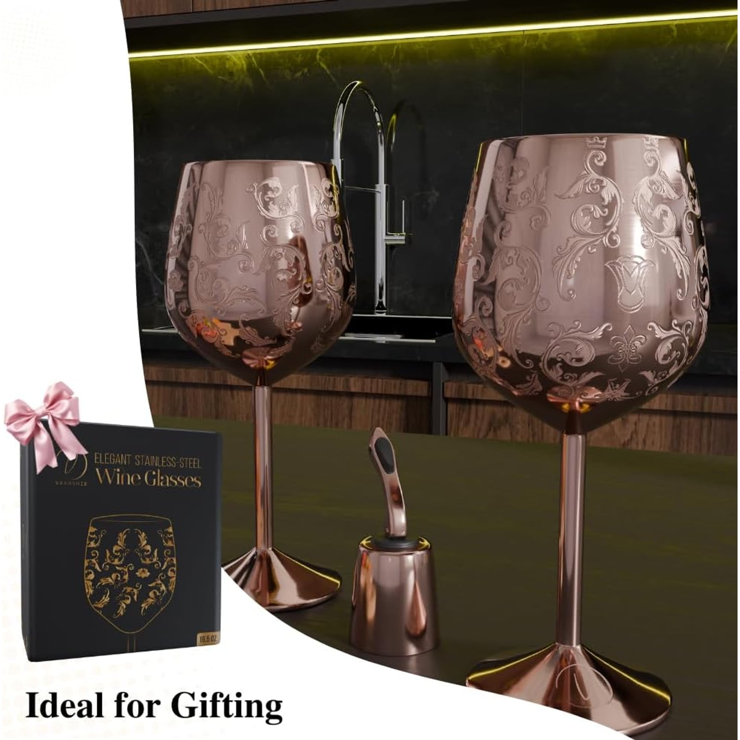 Rose Gold Engraved Stainless Steel Wine Goblets, Set of 2 with Bottle Stopper: image 7