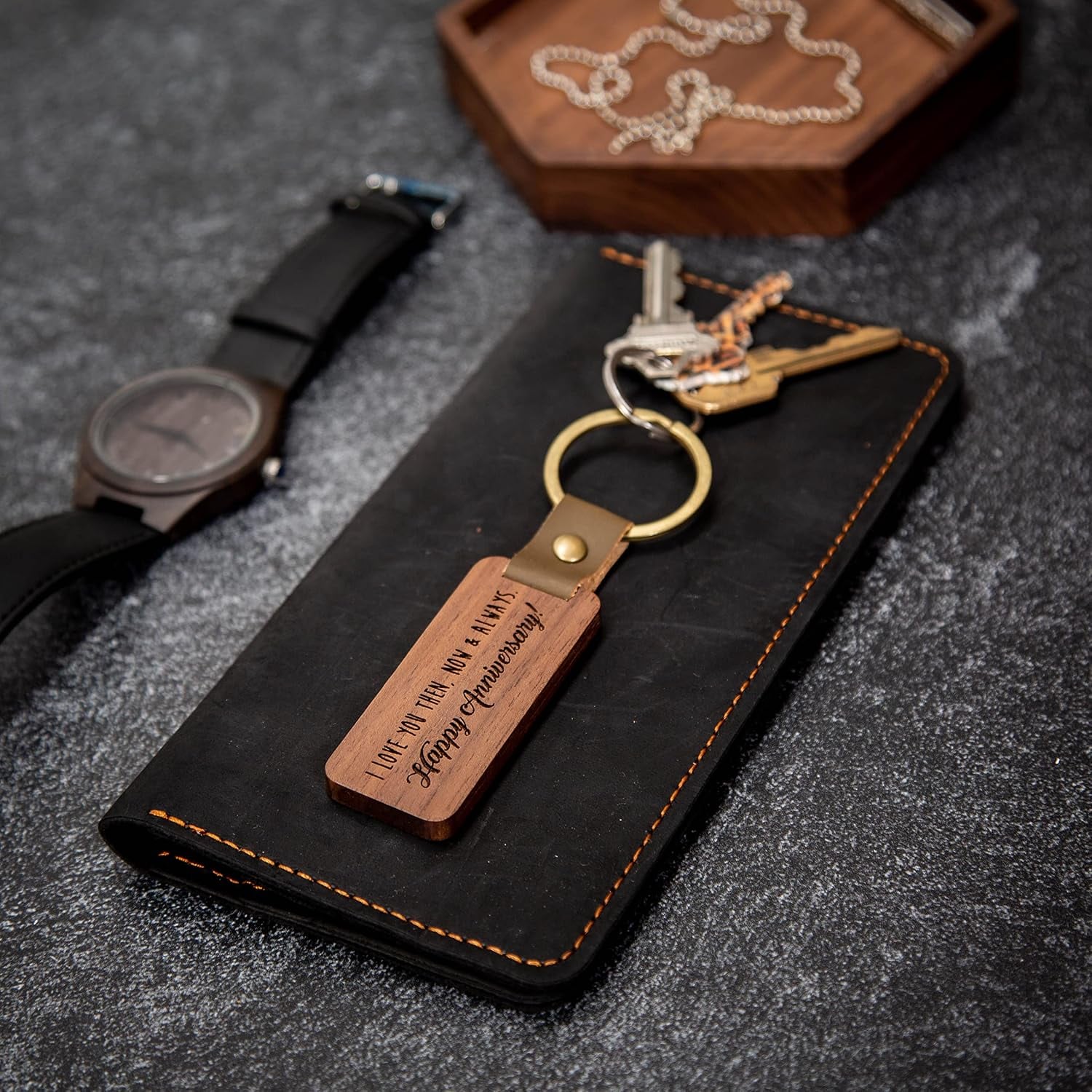 Happy Anniversary Engraved Wooden Keychain: image 4
