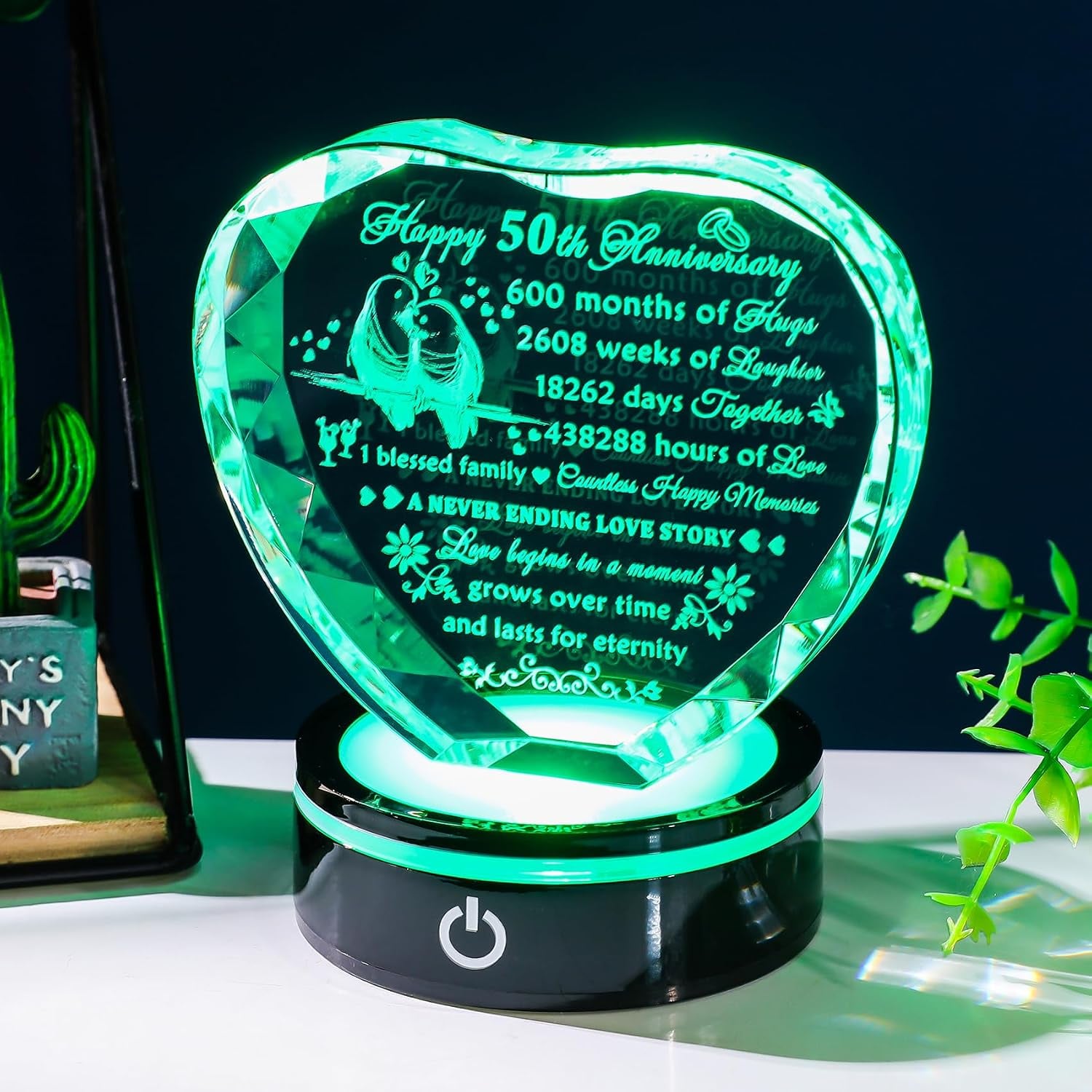50th Anniversary Engraved Crystal Heart with LED Base