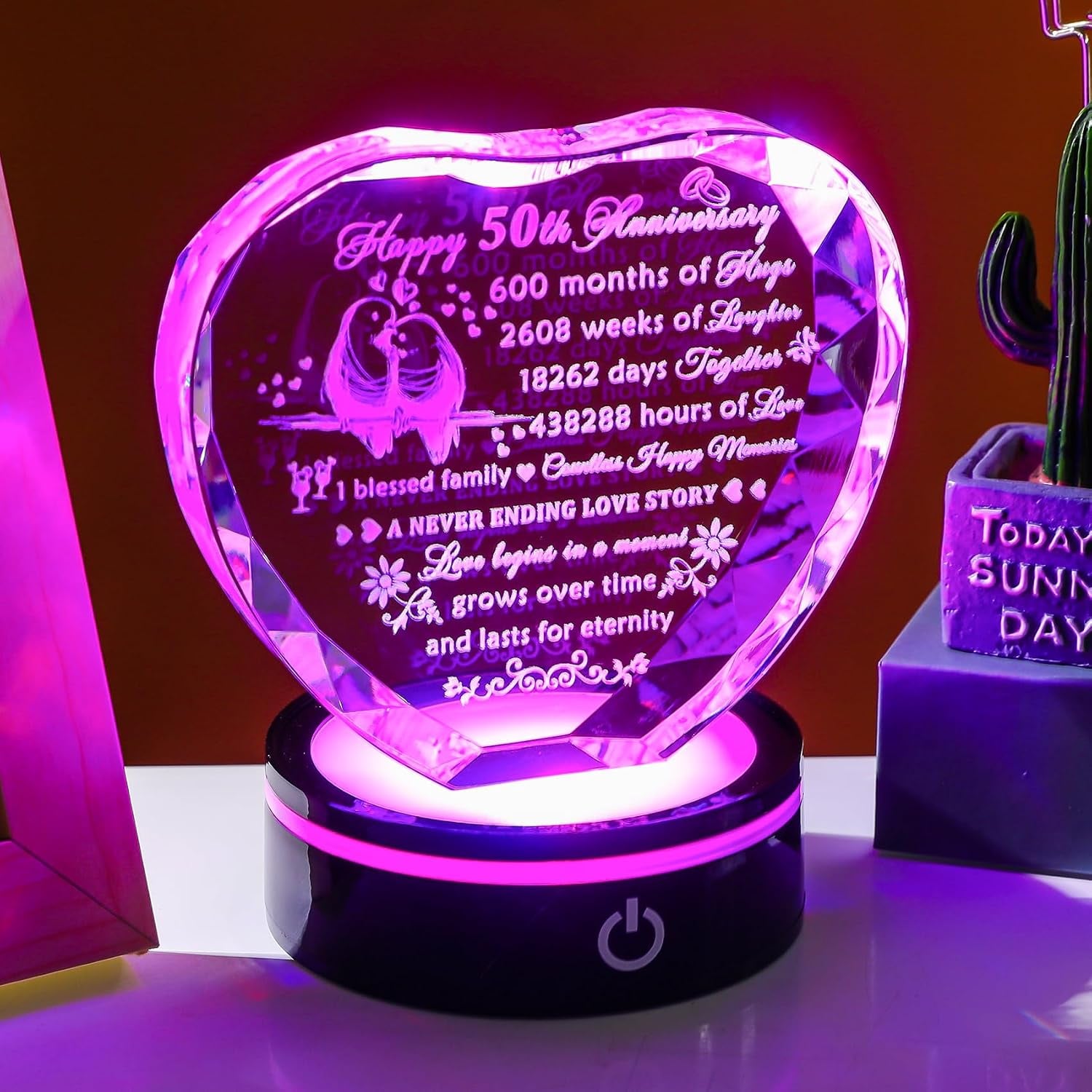 50th Anniversary Engraved Crystal Heart with LED Base