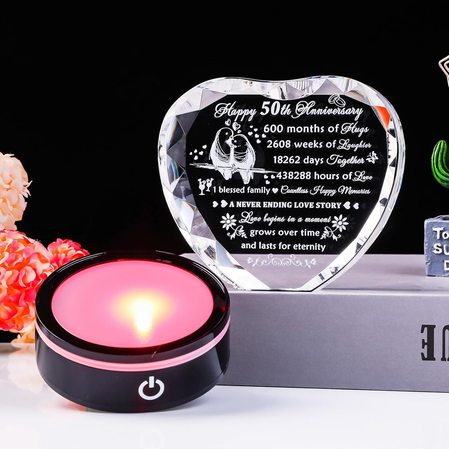 50th Anniversary Engraved Crystal Heart with LED Base