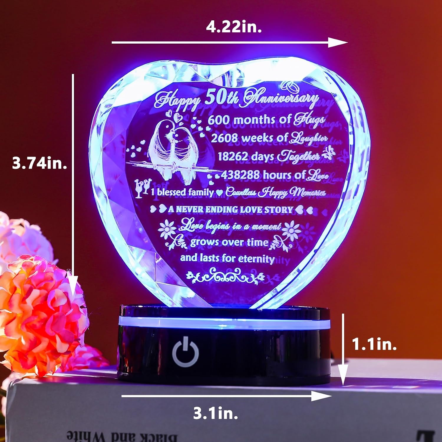 50th Anniversary Engraved Crystal Heart with LED Base