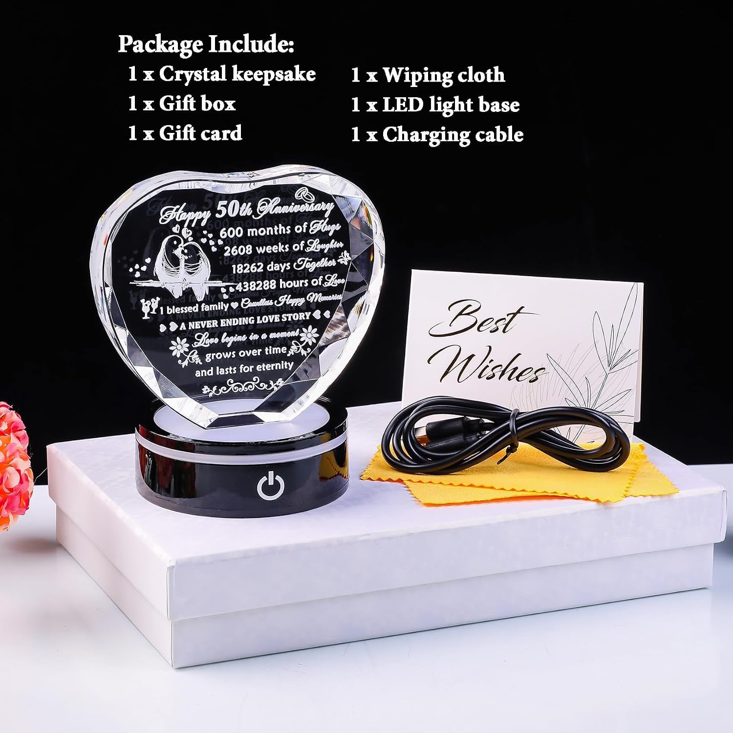 50th Anniversary Engraved Crystal Heart with LED Base
