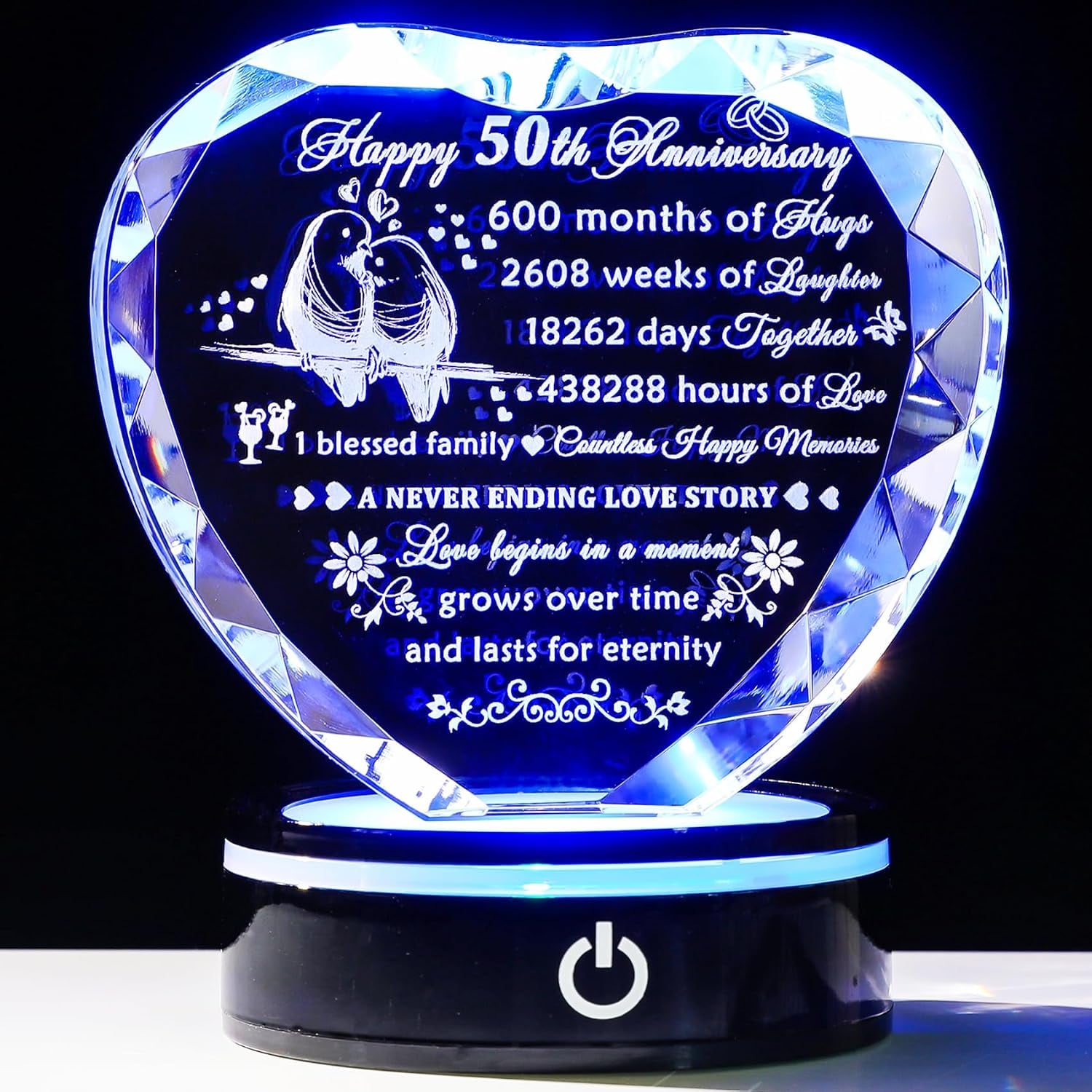 50th Anniversary Engraved Crystal Heart with LED Base