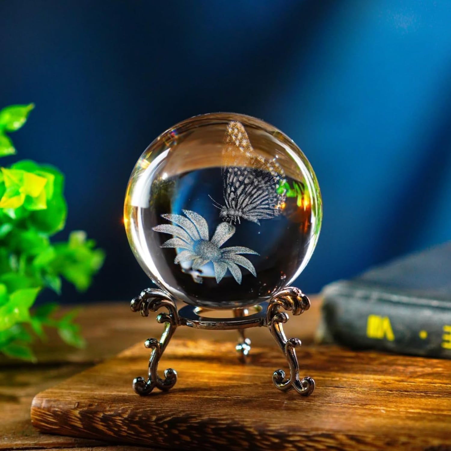 Butterfly and Sunflower Engraved Crystal Ball with Metal Stand