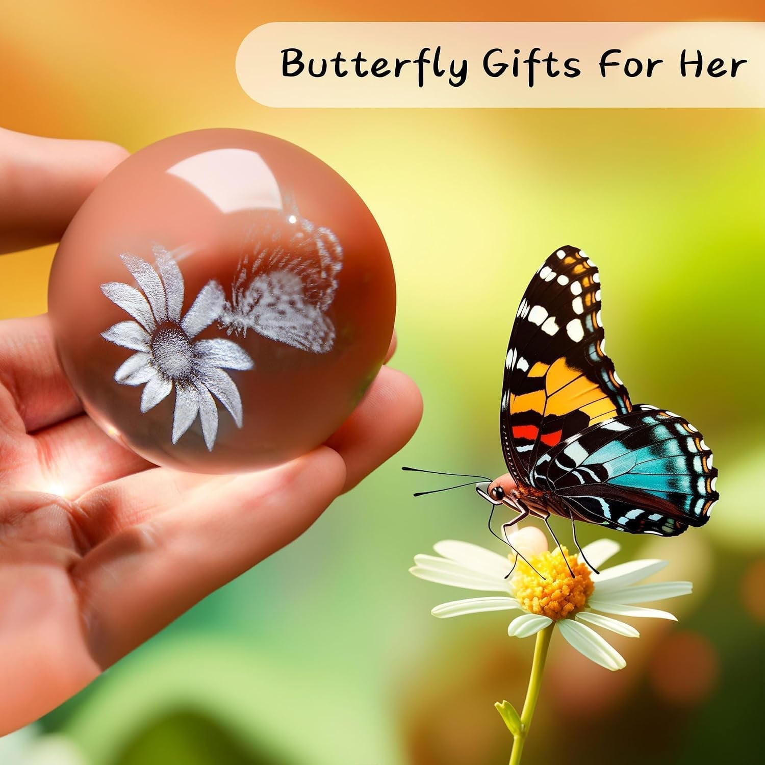 Butterfly and Sunflower Engraved Crystal Ball with Metal Stand