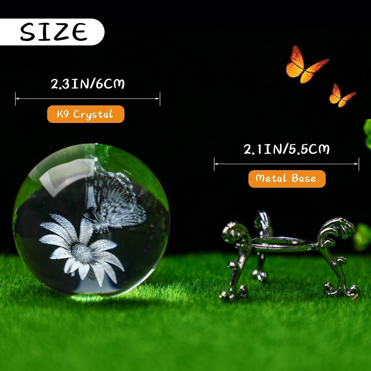 Butterfly and Sunflower Engraved Crystal Ball with Metal Stand