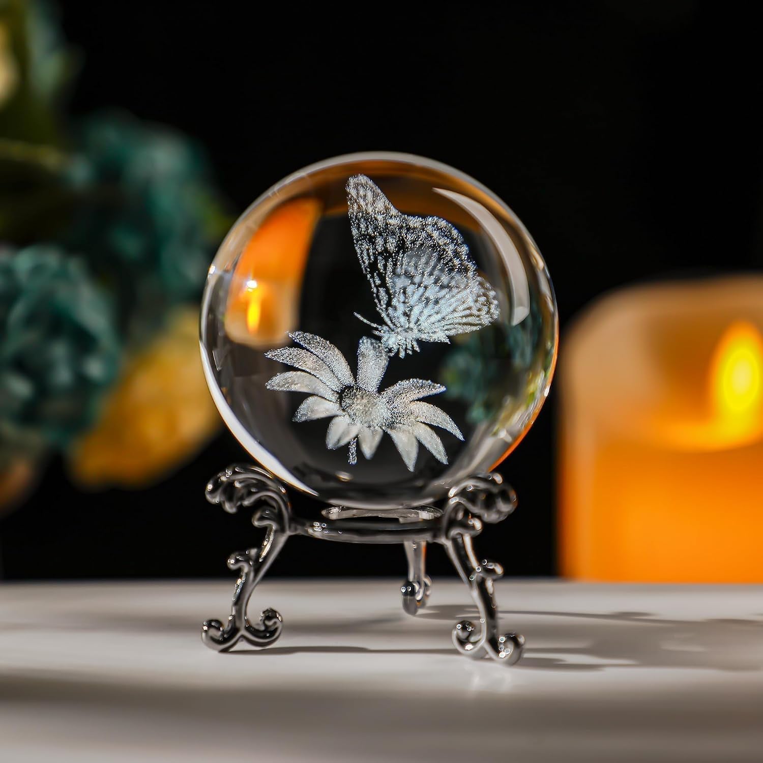 Butterfly and Sunflower Engraved Crystal Ball with Metal Stand