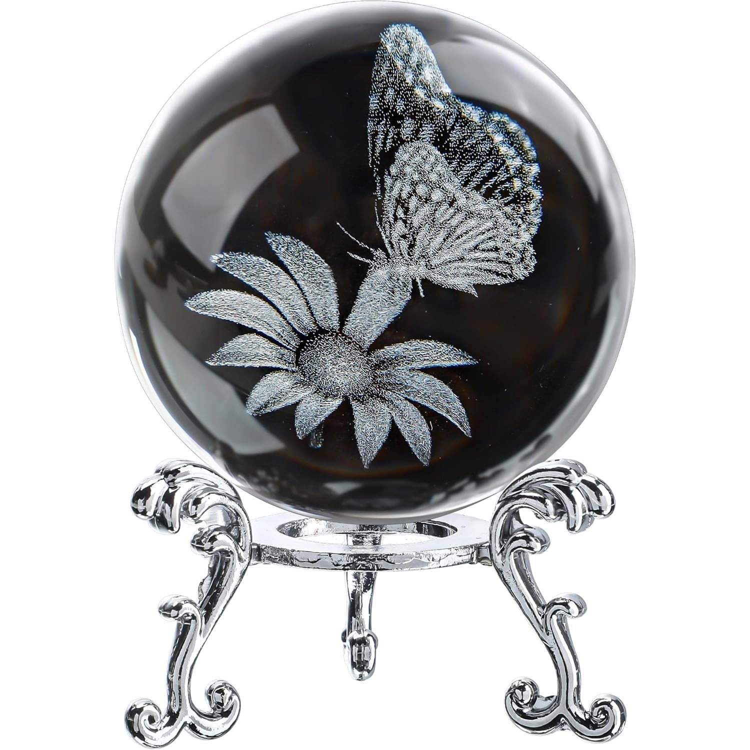 Butterfly and Sunflower Engraved Crystal Ball with Metal Stand