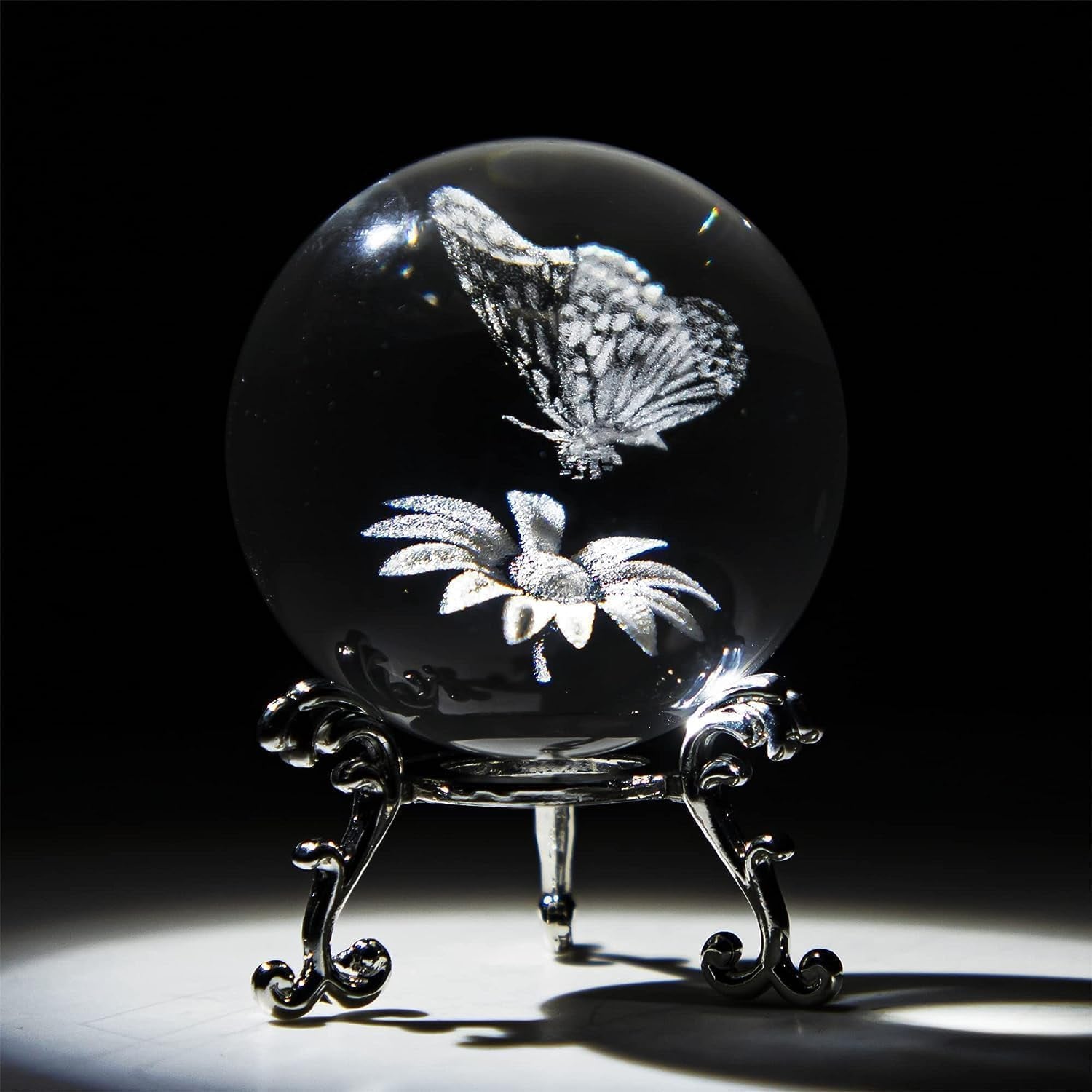 Butterfly and Sunflower Engraved Crystal Ball with Metal Stand: image 7