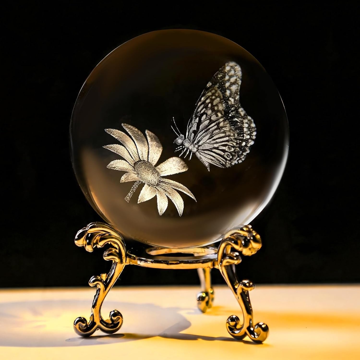 Butterfly and Sunflower Engraved Crystal Ball with Metal Stand