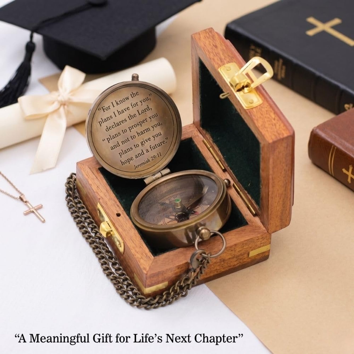 Jeremiah 29:11 Engraved Brass Compass with Wood Box: image 2