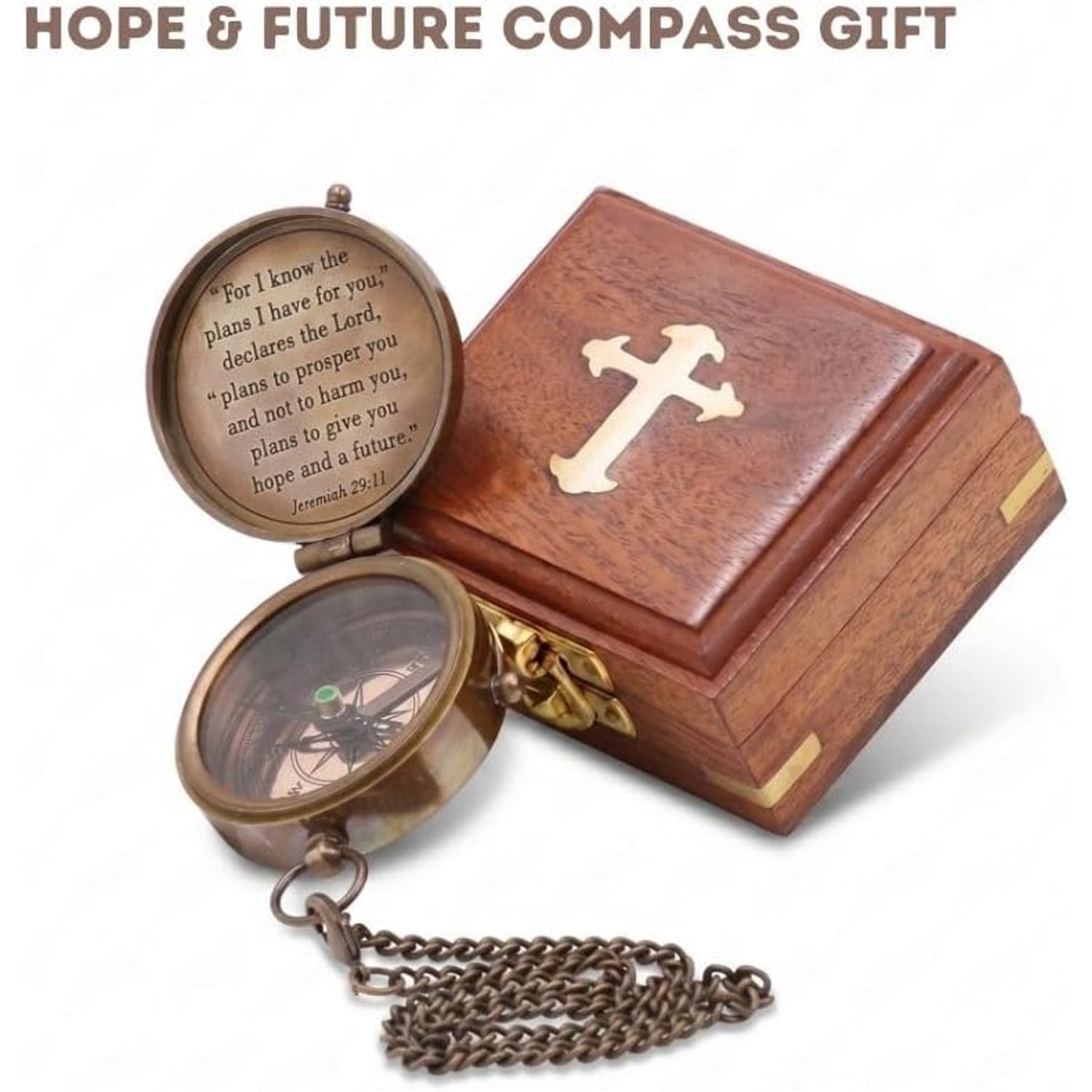 Jeremiah 29:11 Engraved Brass Compass with Wood Box: image 3