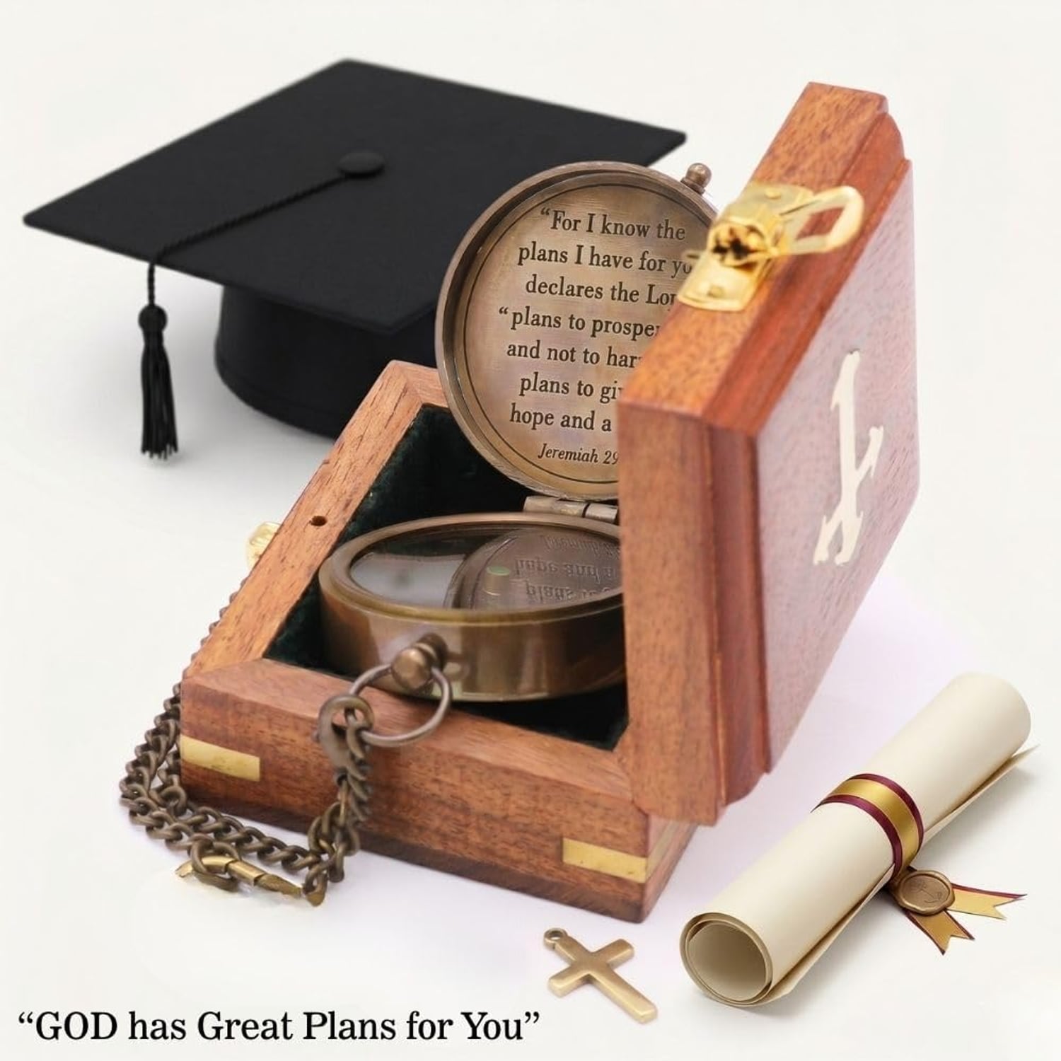 Jeremiah 29:11 Engraved Brass Compass with Wood Box: image 4