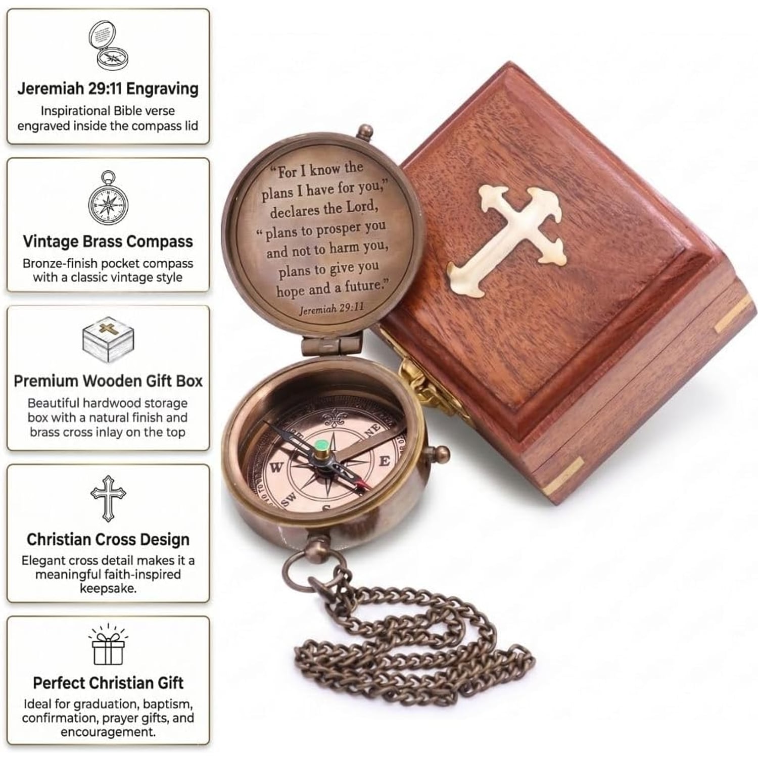 Jeremiah 29:11 Engraved Brass Compass with Wood Box: image 6