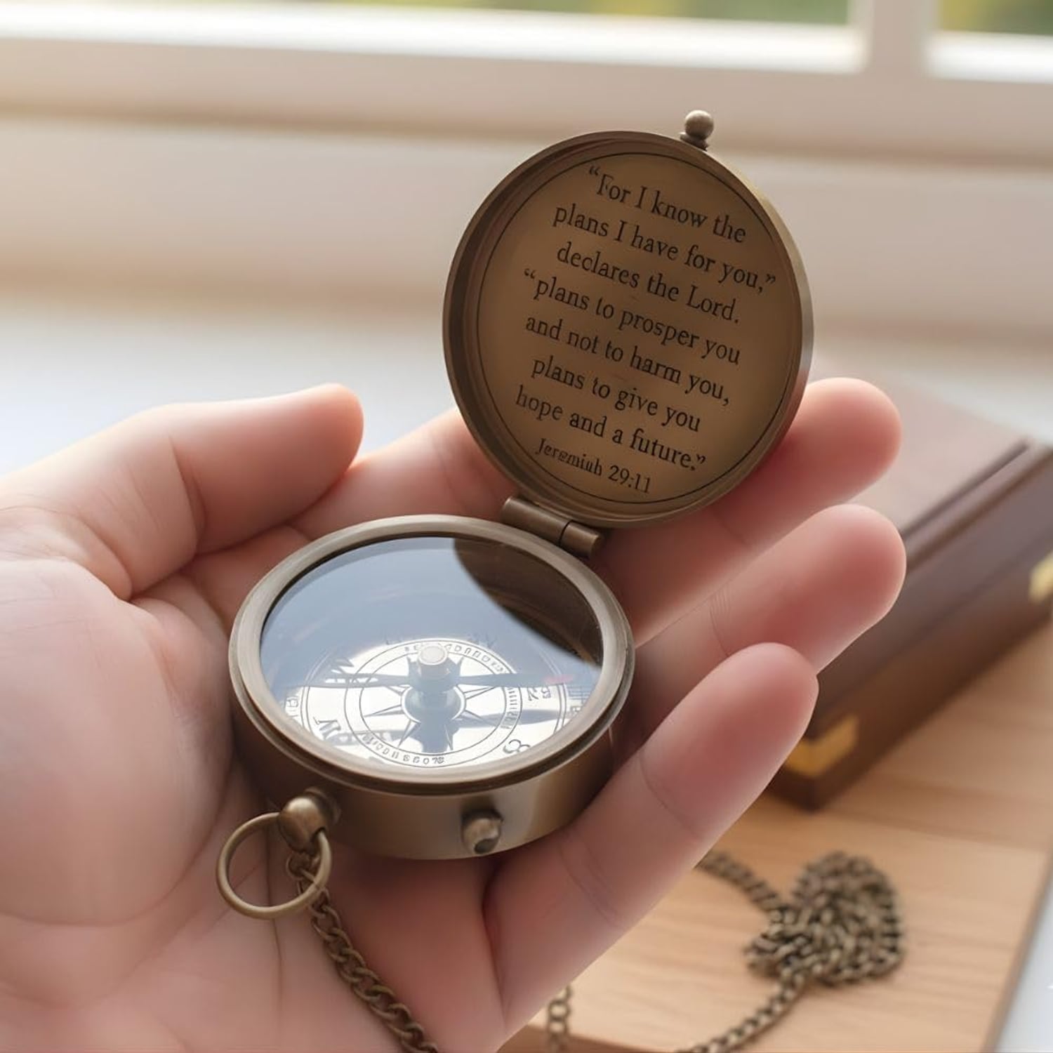 Jeremiah 29:11 Engraved Brass Compass with Wood Box: image 7