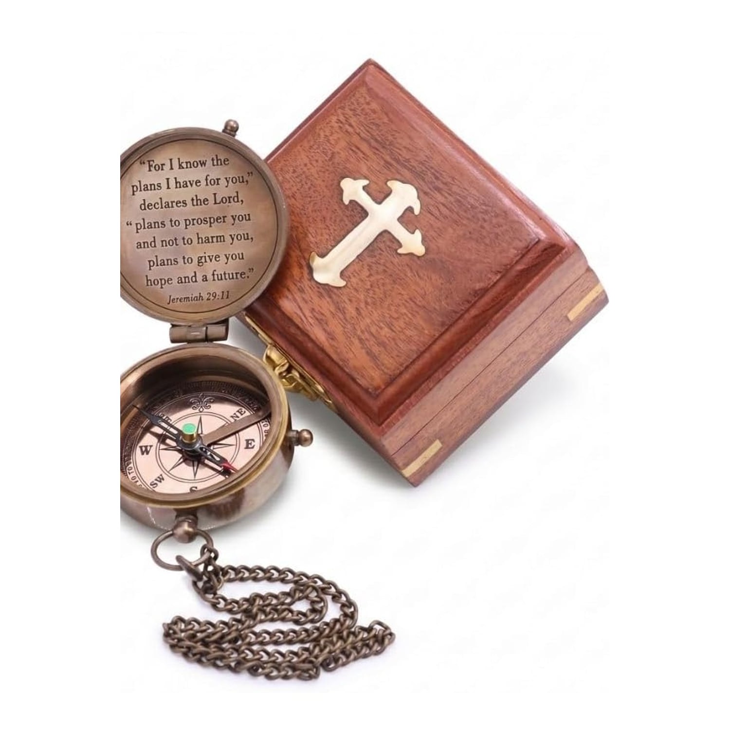 Jeremiah 29:11 Engraved Brass Compass with Wood Box