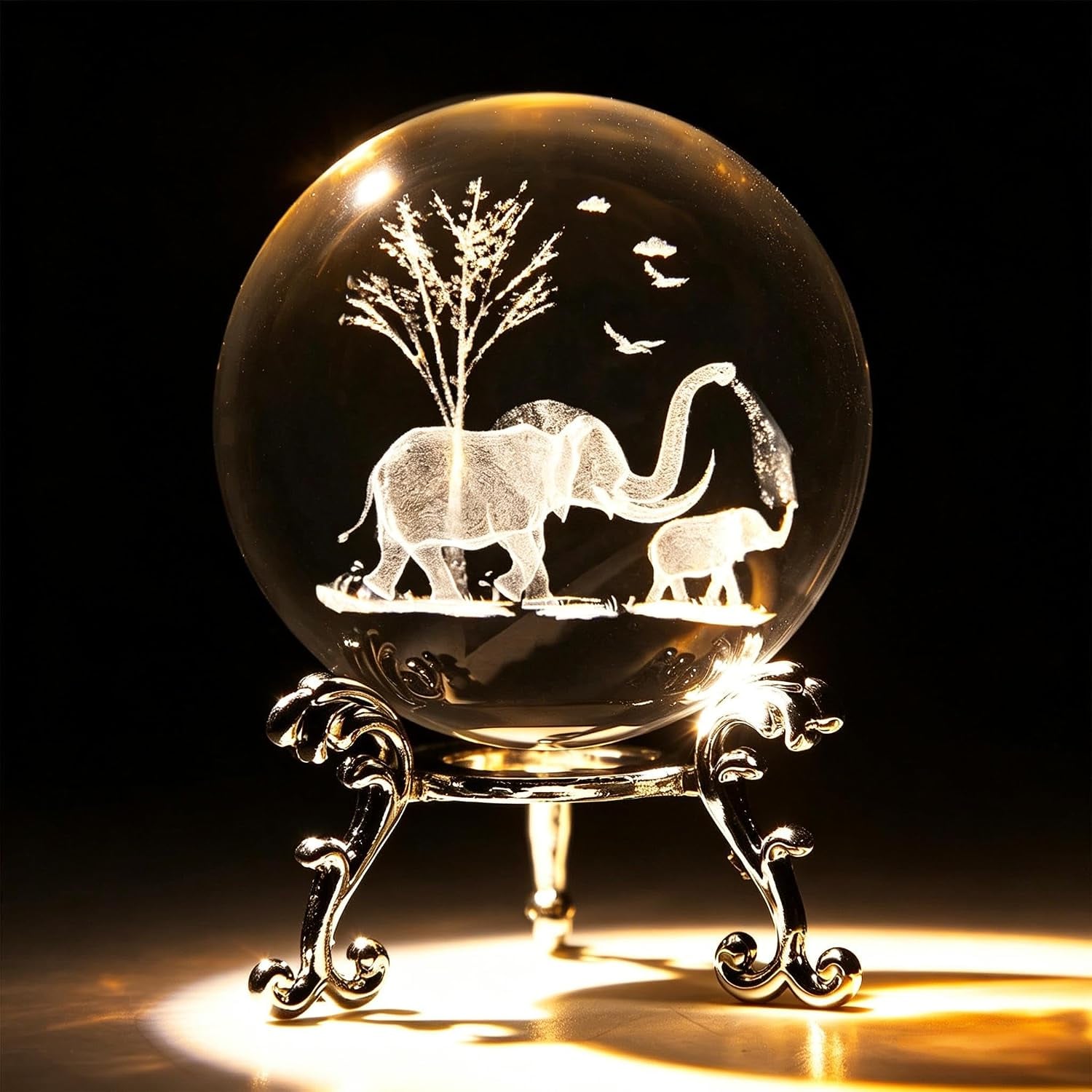 Mother and Son Elephants Engraved Crystal Ball