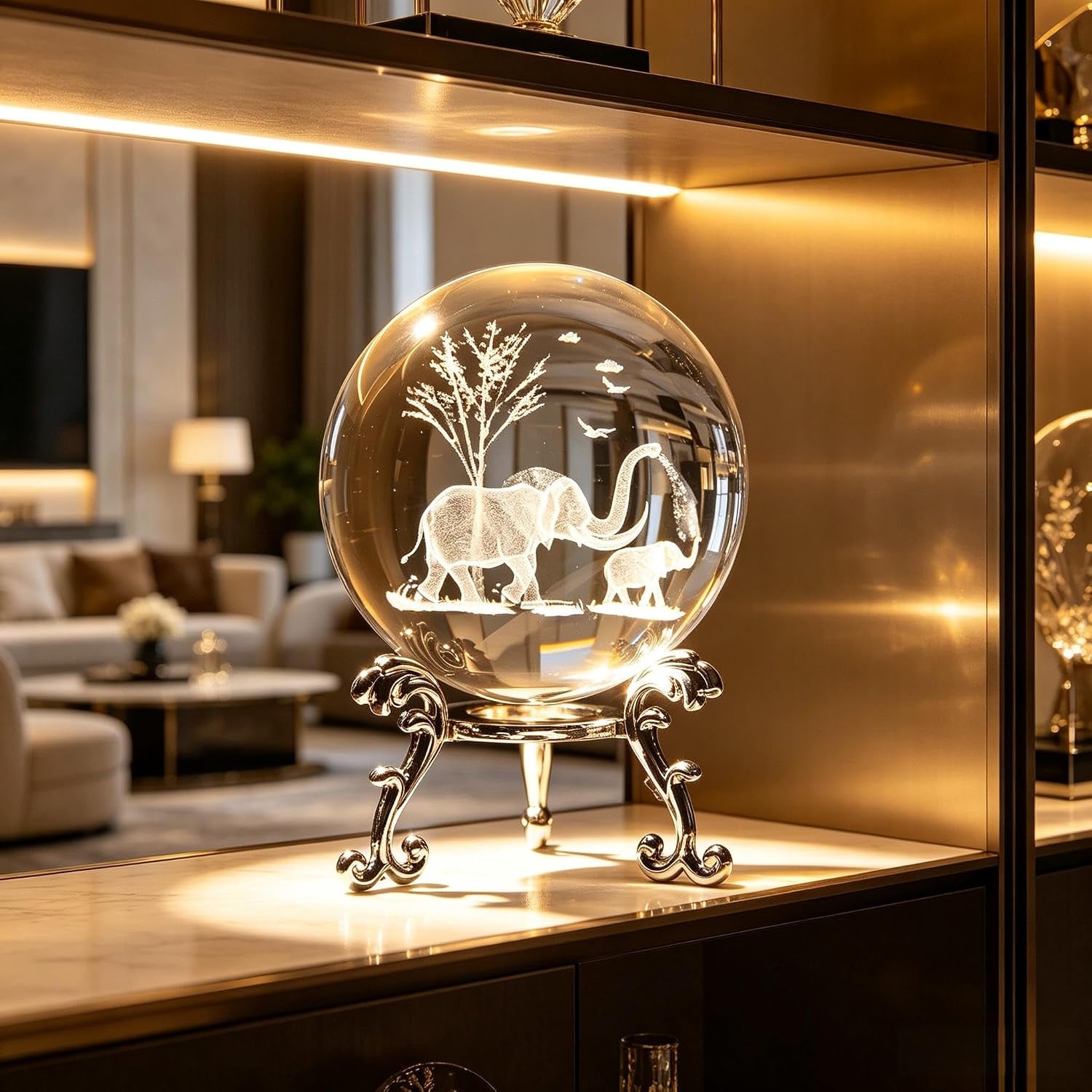 Mother and Son Elephants Engraved Crystal Ball: image 2