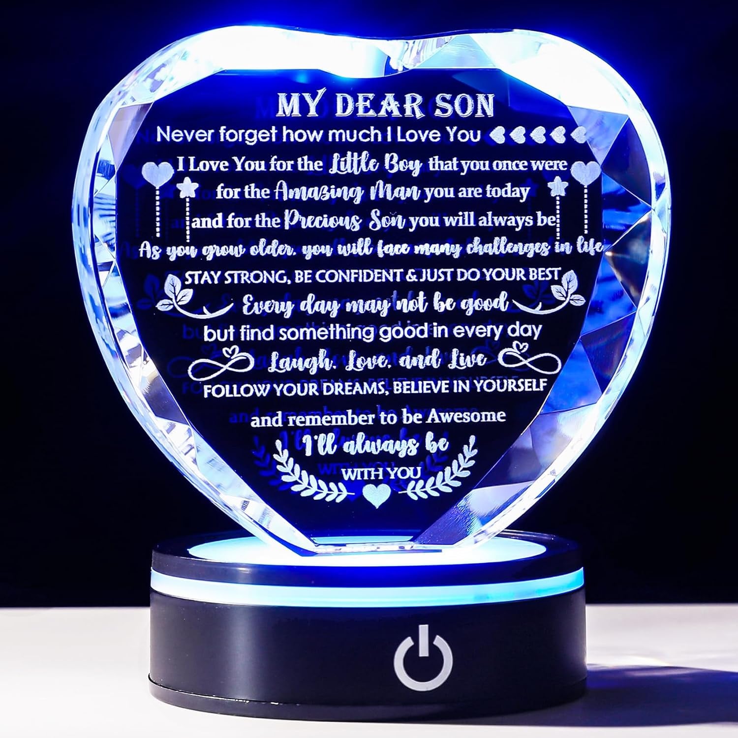 My Dear Son Engraved Crystal Heart with LED Base