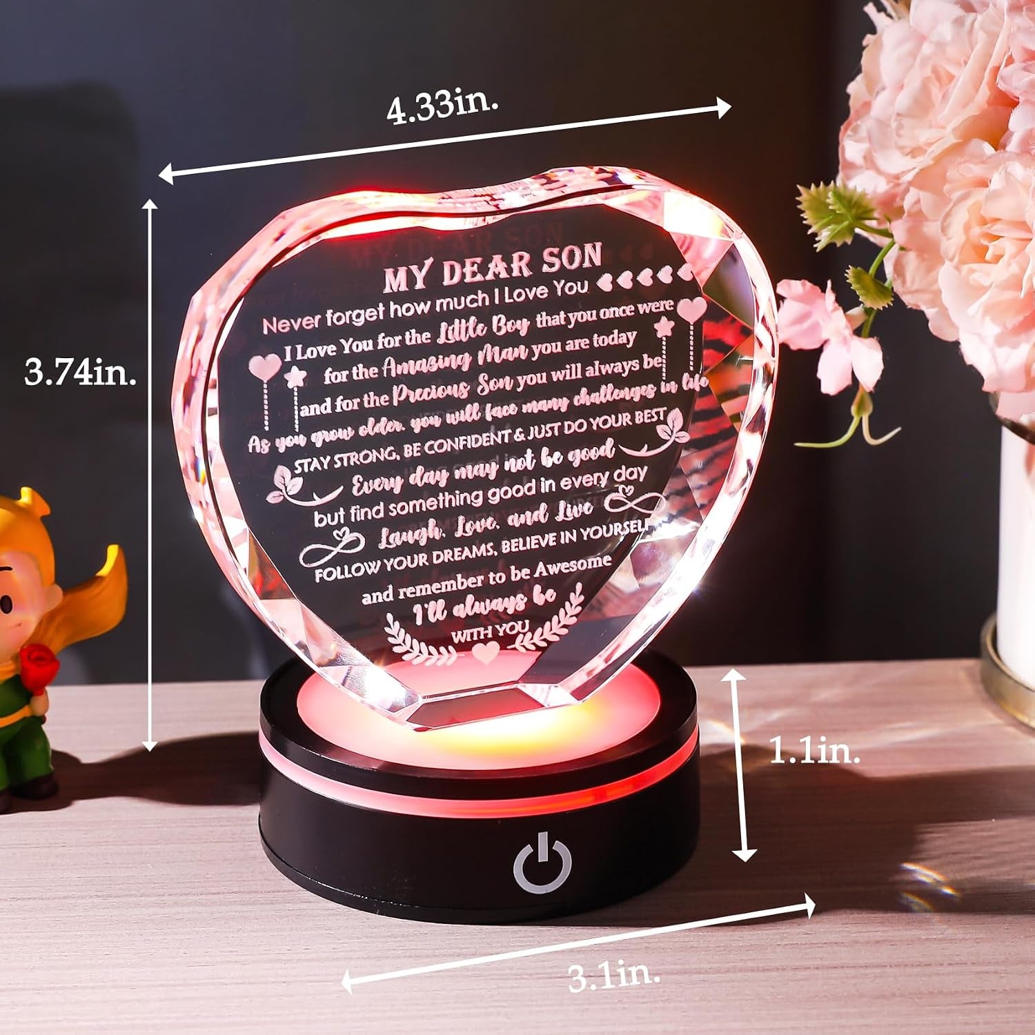 My Dear Son Engraved Crystal Heart with LED Base