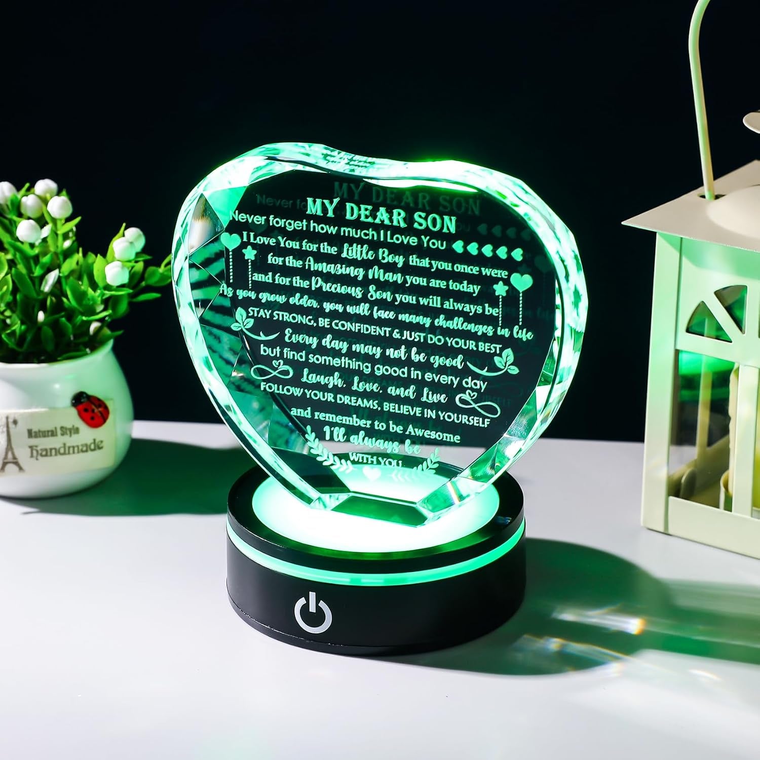 My Dear Son Engraved Crystal Heart with LED Base