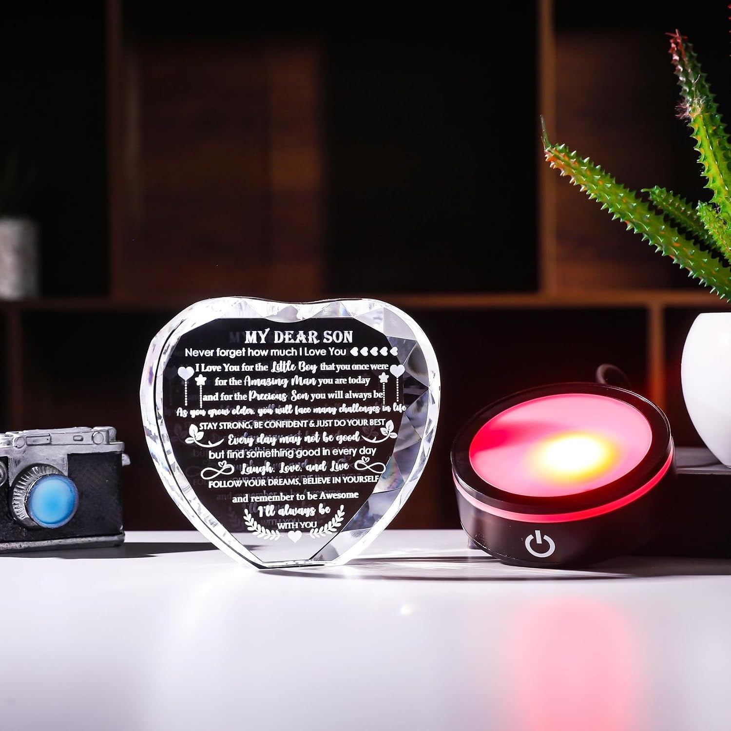 My Dear Son Engraved Crystal Heart with LED Base