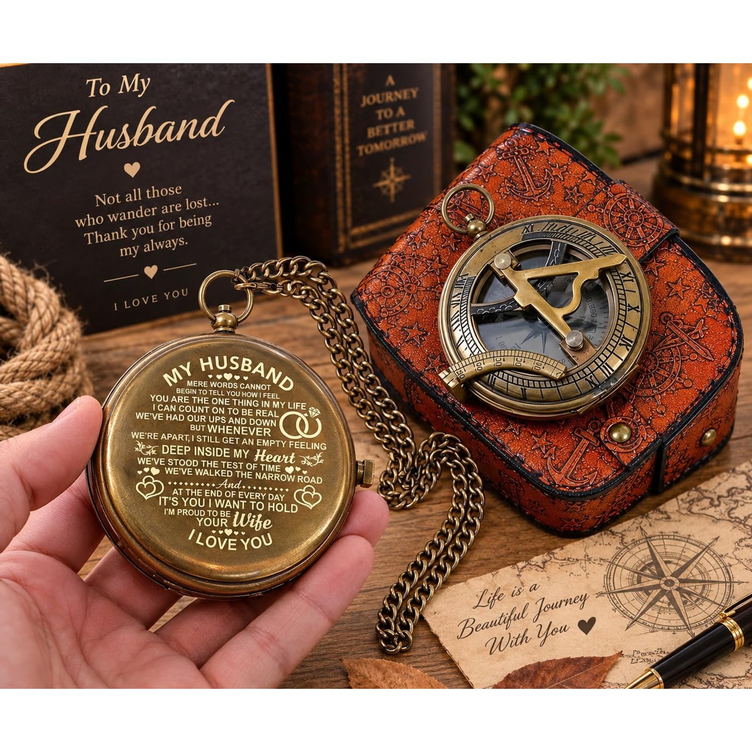My Husband Engraved Sundial Compass with Leather Case: image 2