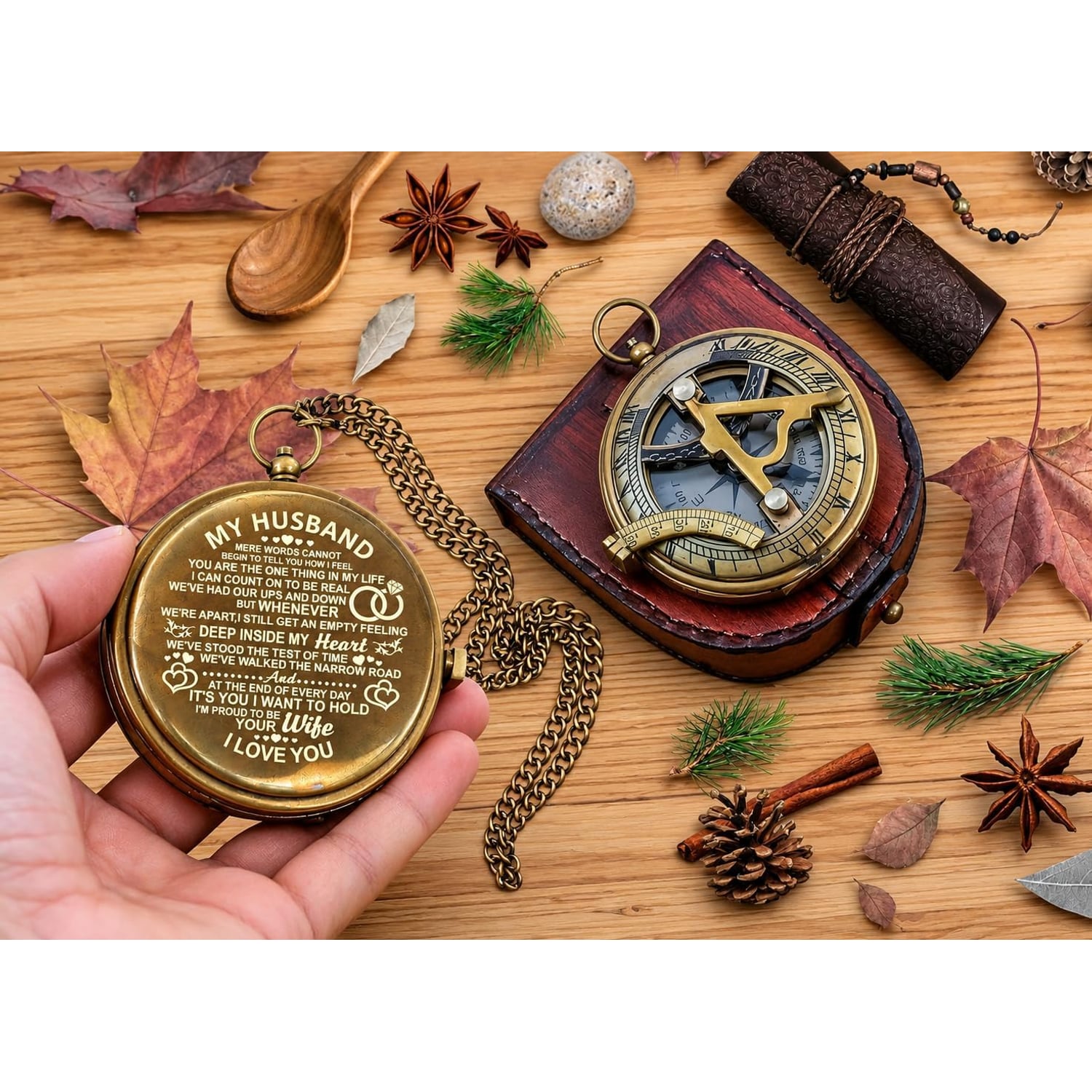 My Husband Engraved Sundial Compass with Leather Case: image 3