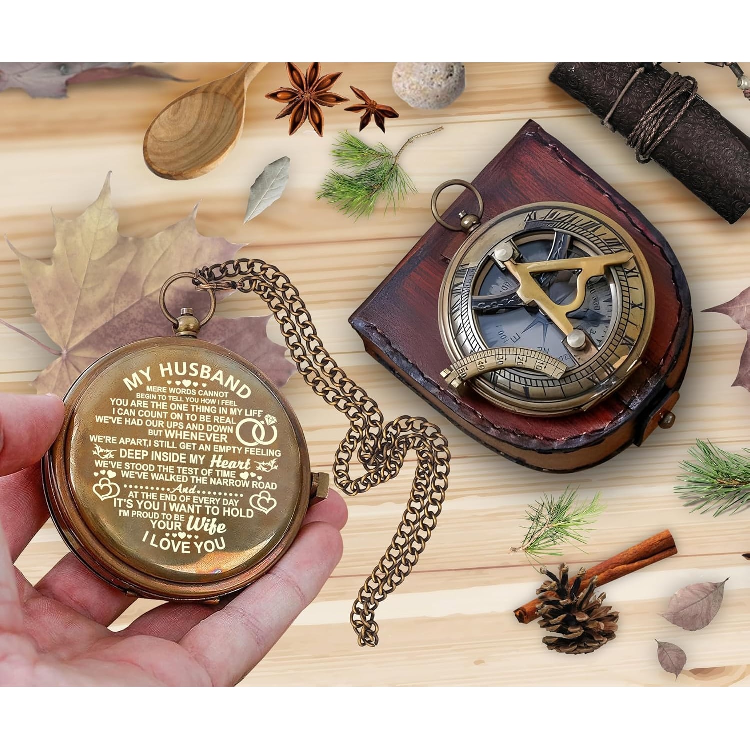 My Husband Engraved Sundial Compass with Leather Case: image 5