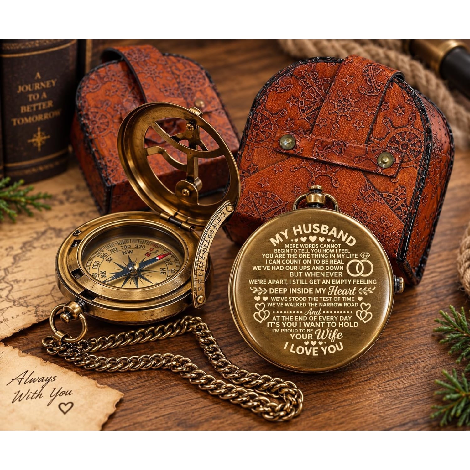 My Husband Engraved Sundial Compass with Leather Case: image 6
