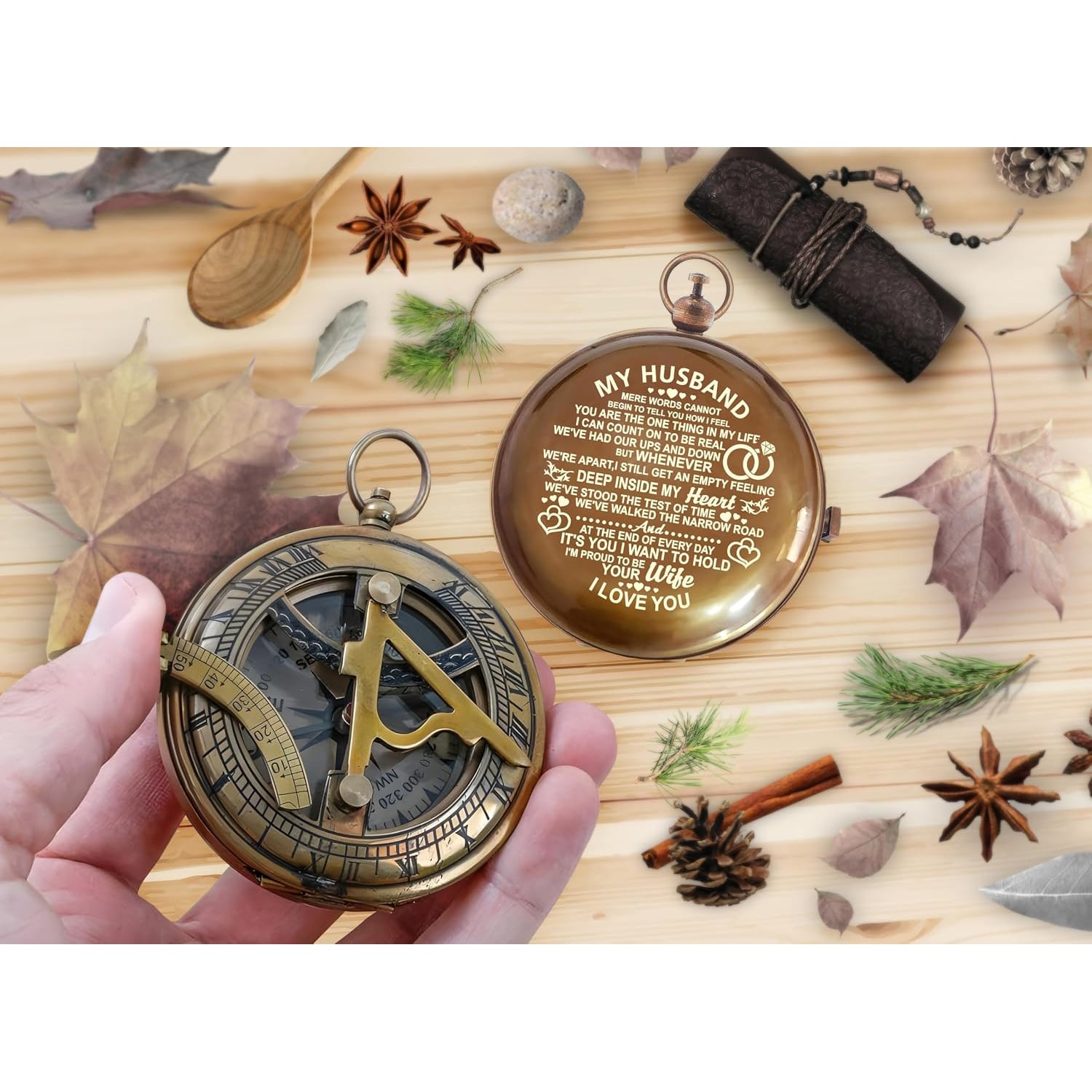 My Husband Engraved Sundial Compass with Leather Case: image 7