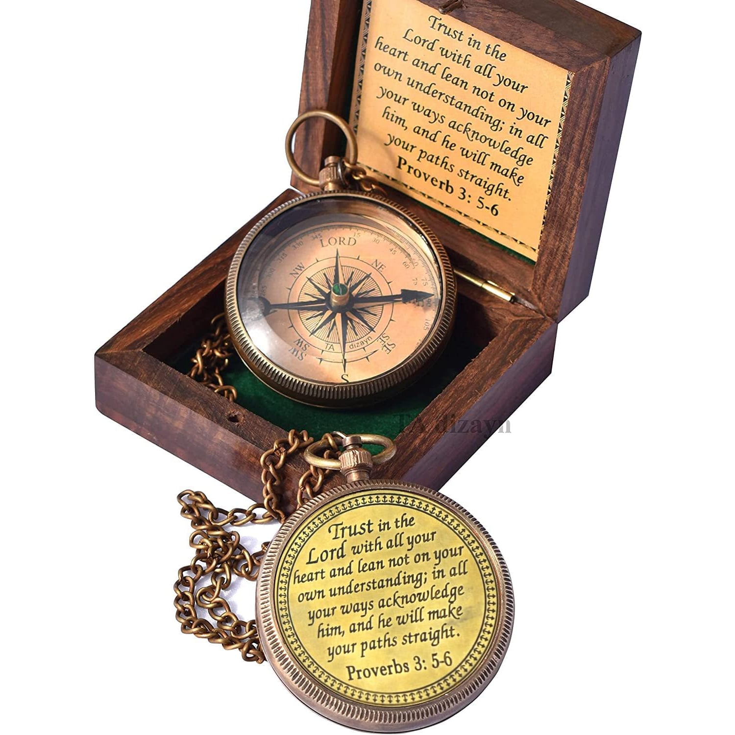 Proverbs 3:5-6 Engraved Brass Compass with Wooden Keepsake Box