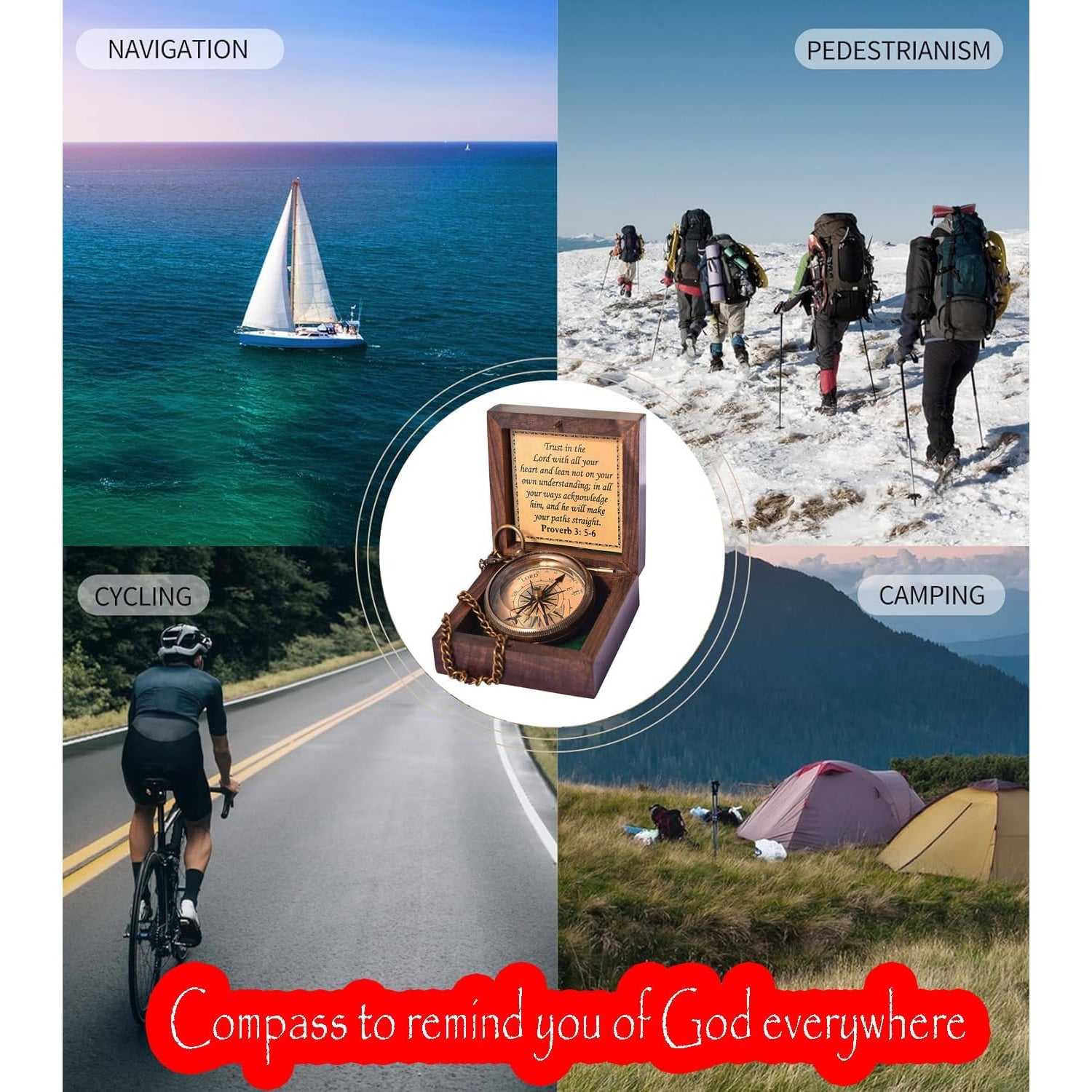 Proverbs 3:5-6 Engraved Brass Compass with Wooden Keepsake Box