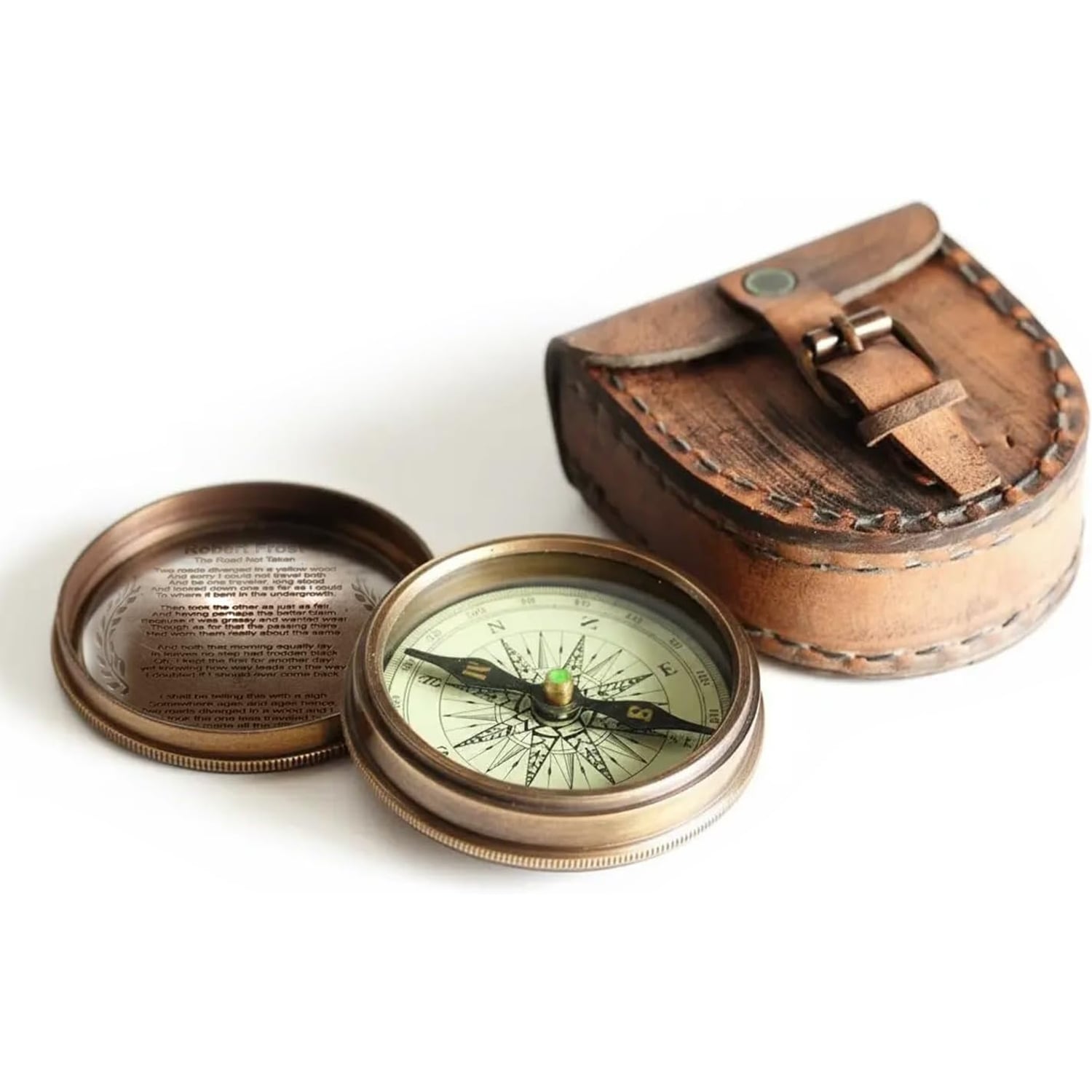 Robert Frost Poem Engraved Brass Compass with Leather Case