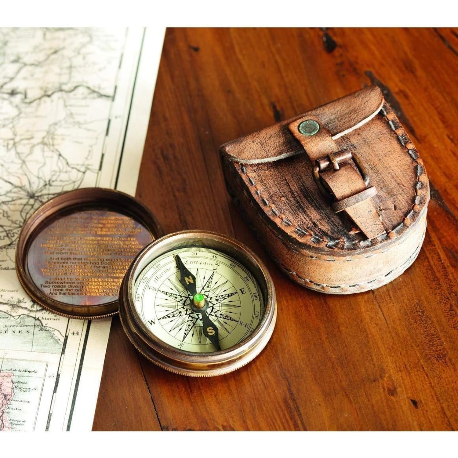 Robert Frost Poem Engraved Brass Compass with Leather Case: image 2