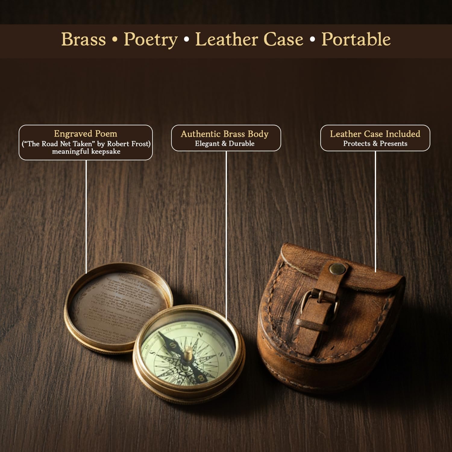 Robert Frost Poem Engraved Brass Compass with Leather Case: image 4