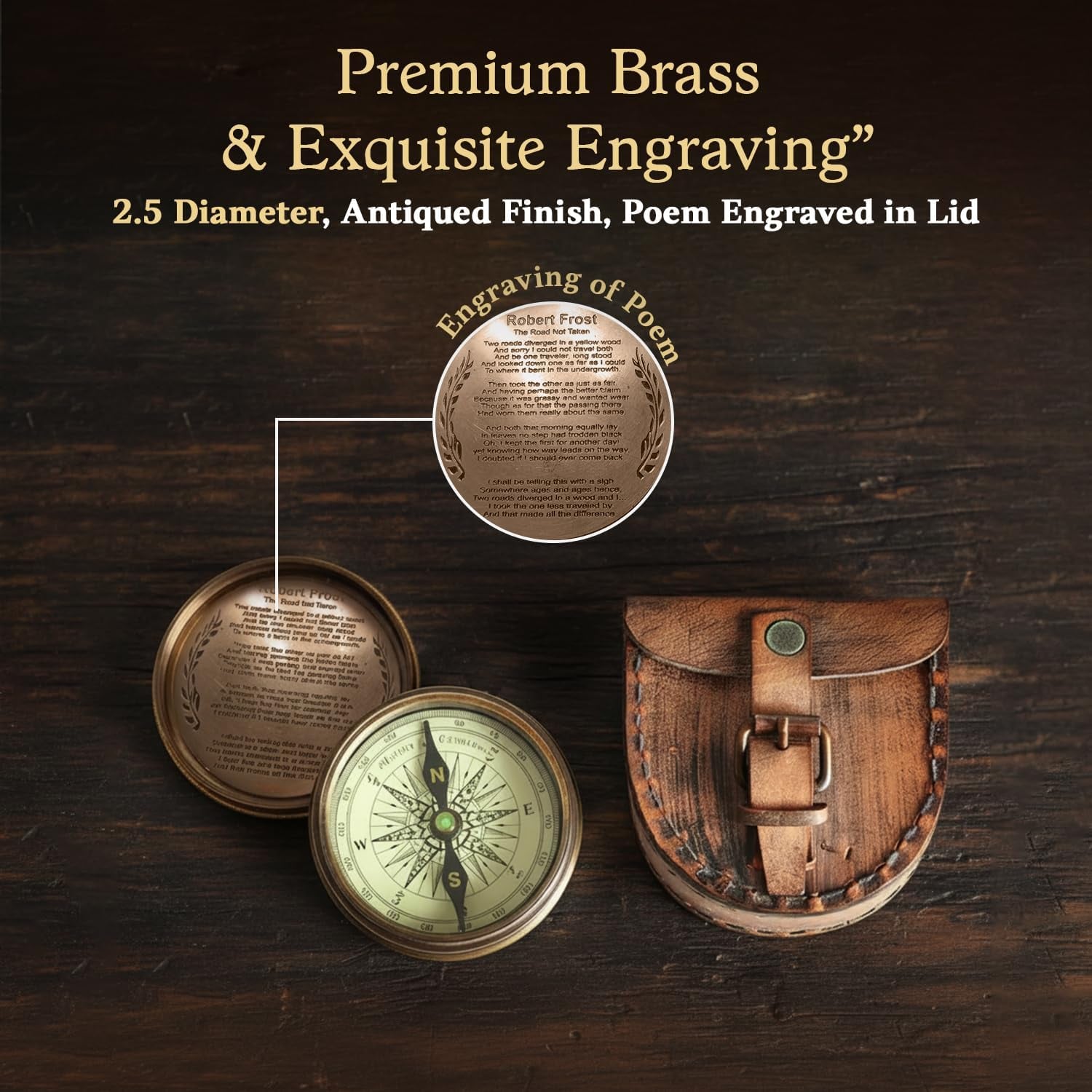 Robert Frost Poem Engraved Brass Compass with Leather Case: image 5