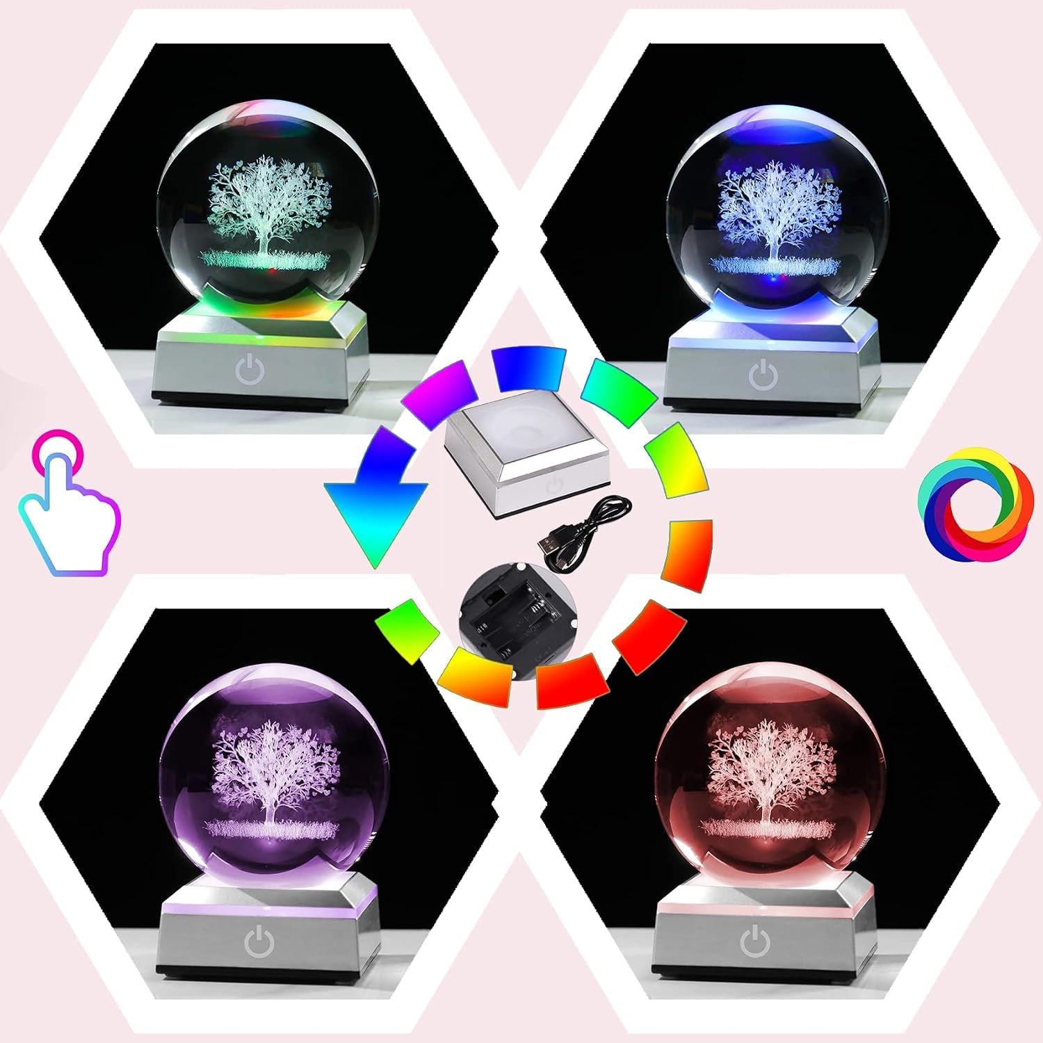 Tree of Life Engraved Crystal Ball with LED Base: image 2