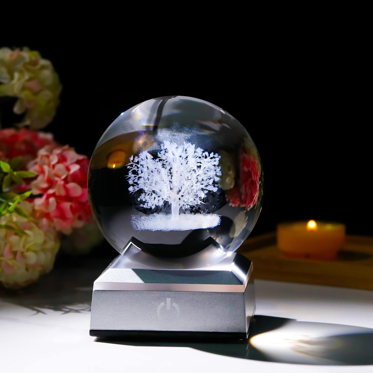 Tree of Life Engraved Crystal Ball with LED Base: image 3
