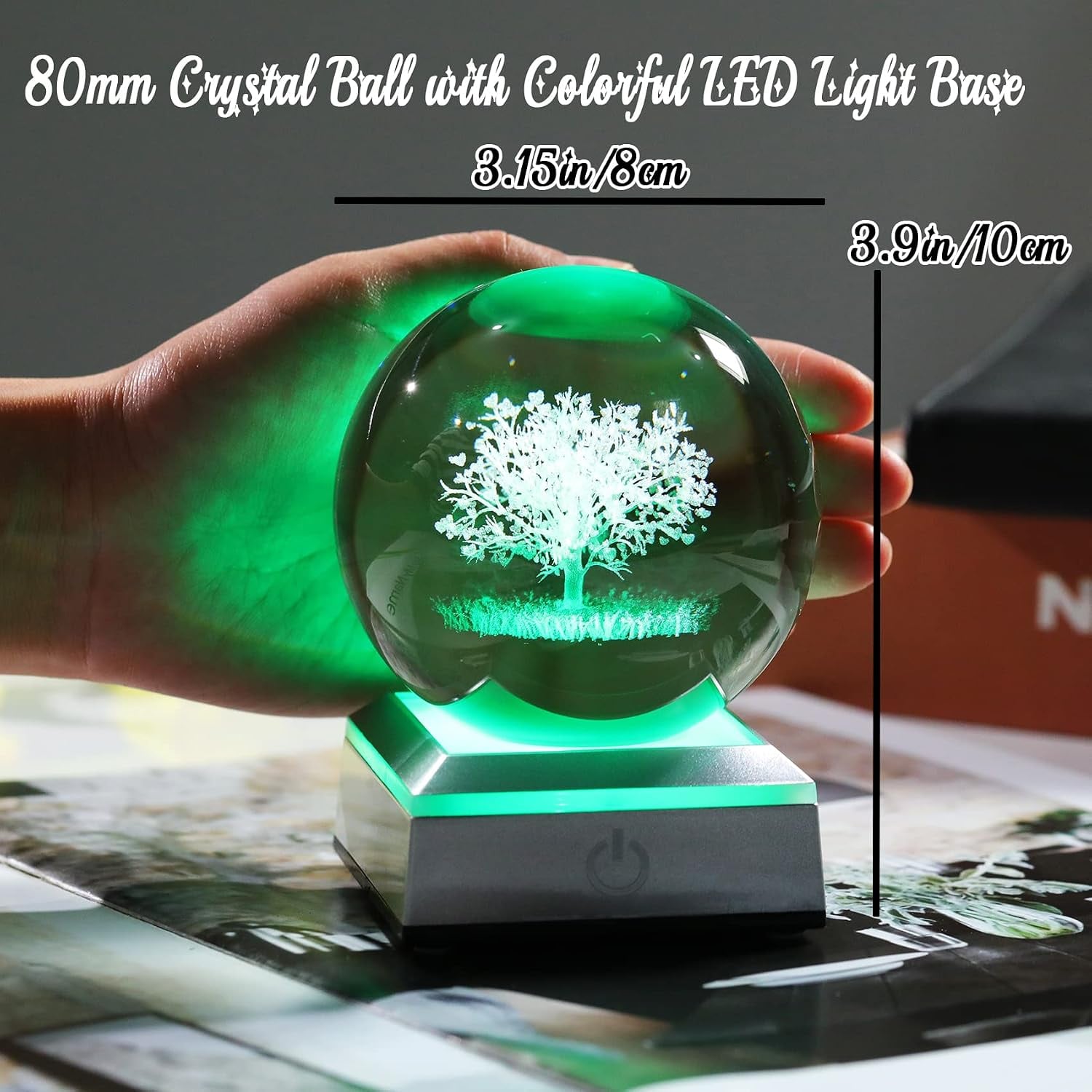 Tree of Life Engraved Crystal Ball with LED Base: image 4