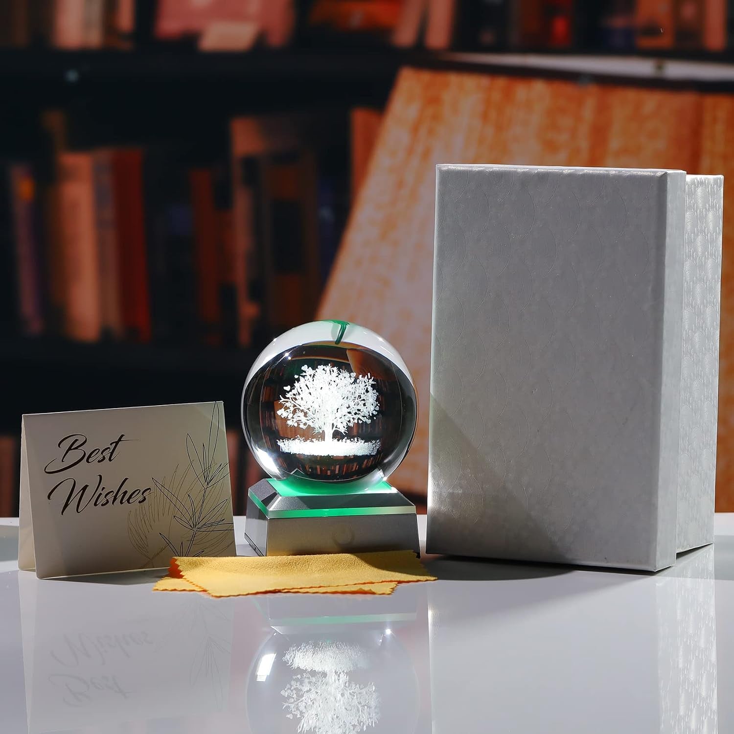 Tree of Life Engraved Crystal Ball with LED Base: image 6